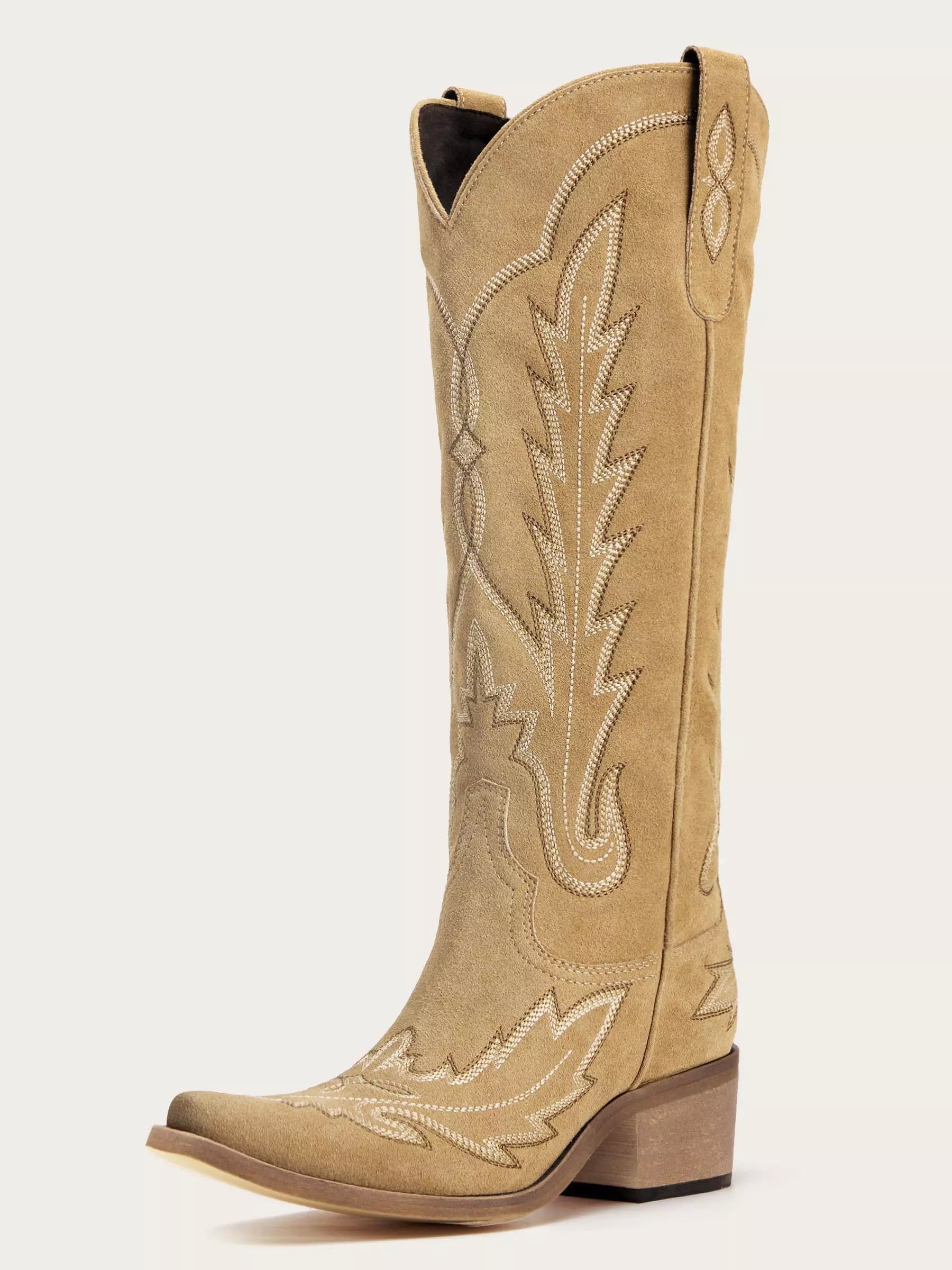 The Electra: Classic Beige Suede Embroidered Western Boots