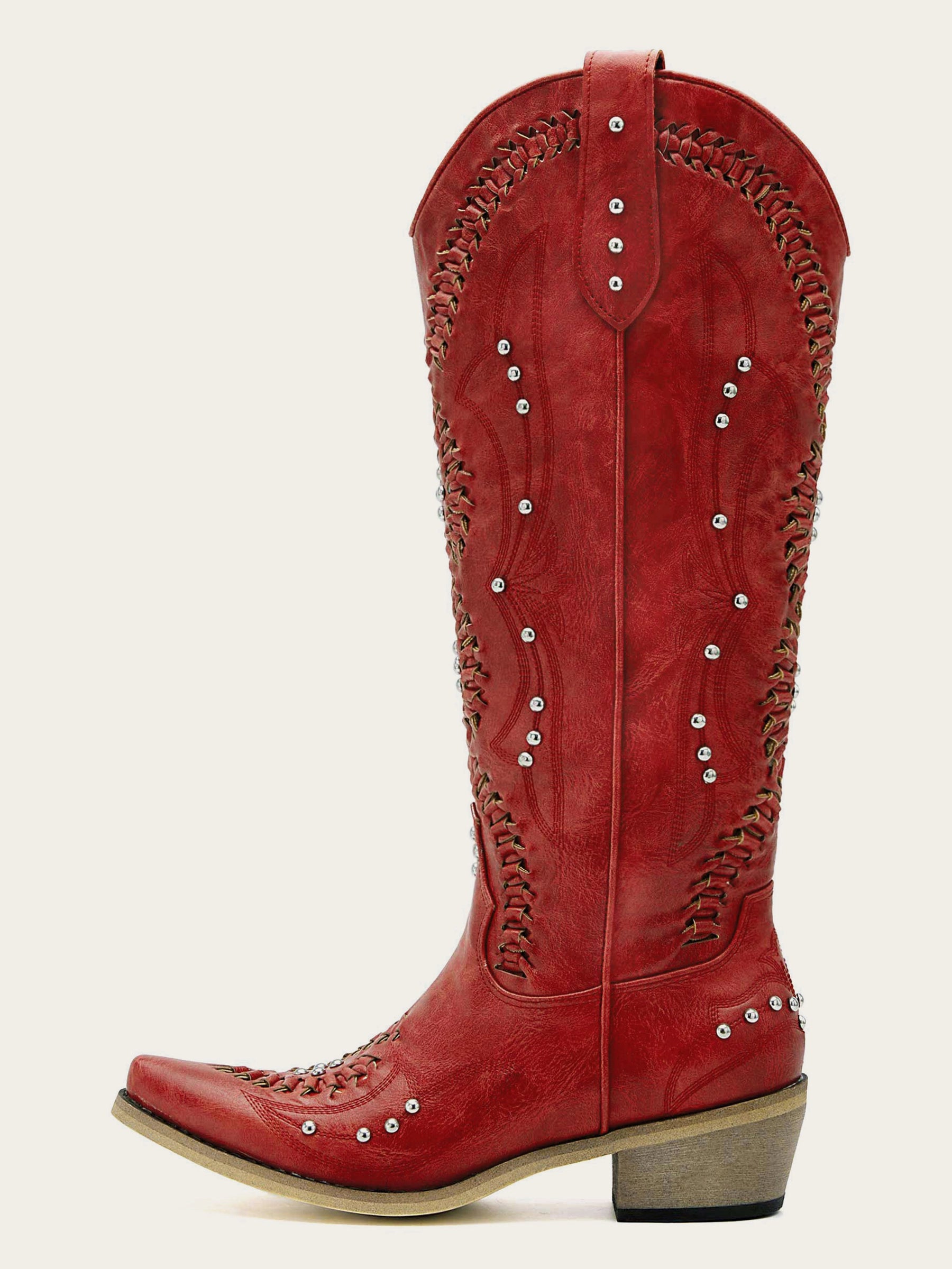The Renegade: Red Studded Boots with Whipstitch & Turquoise Lining