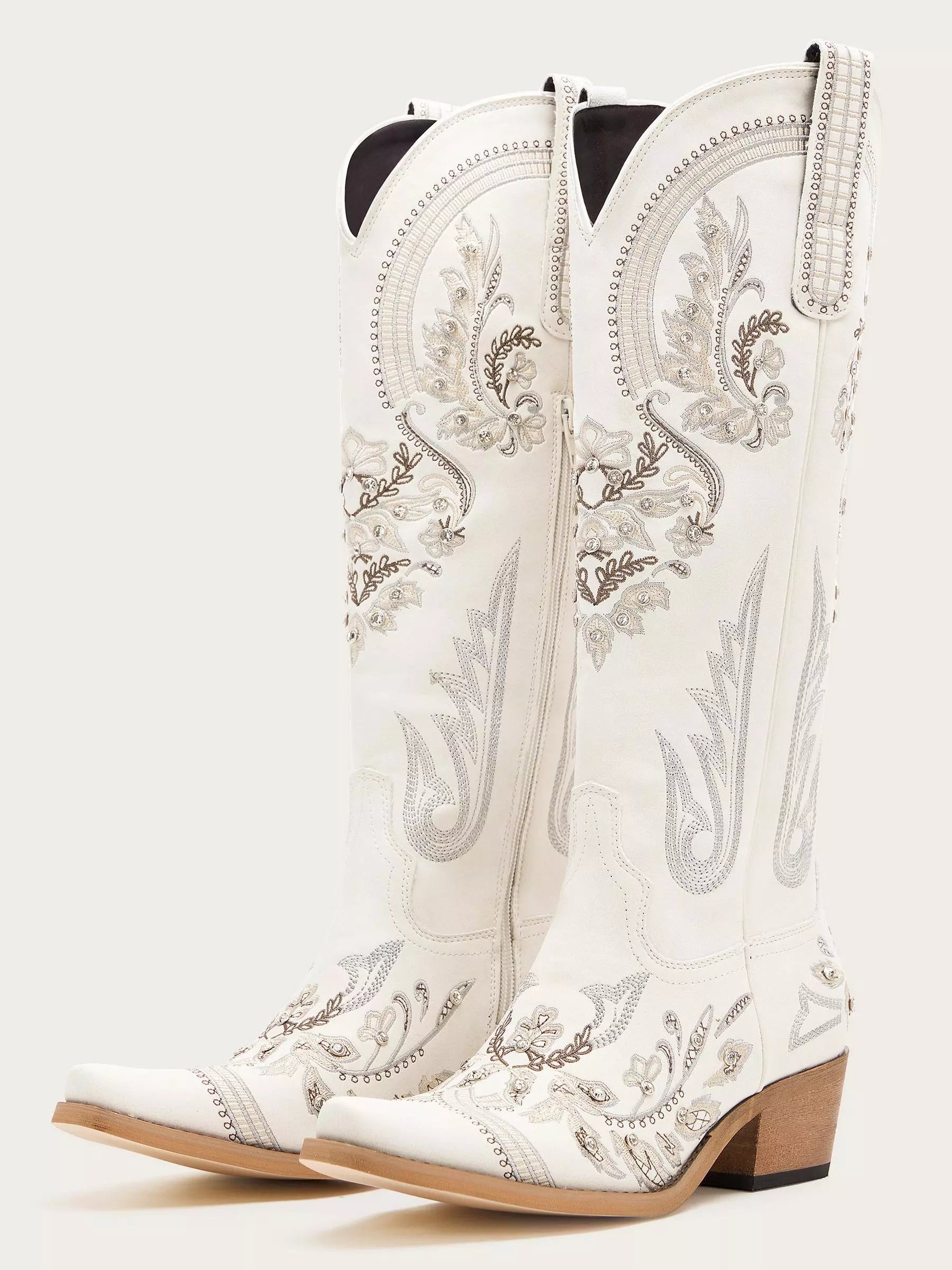 The Starlight Rider: White & Silver Embroidered Western Boots with Rhinestones