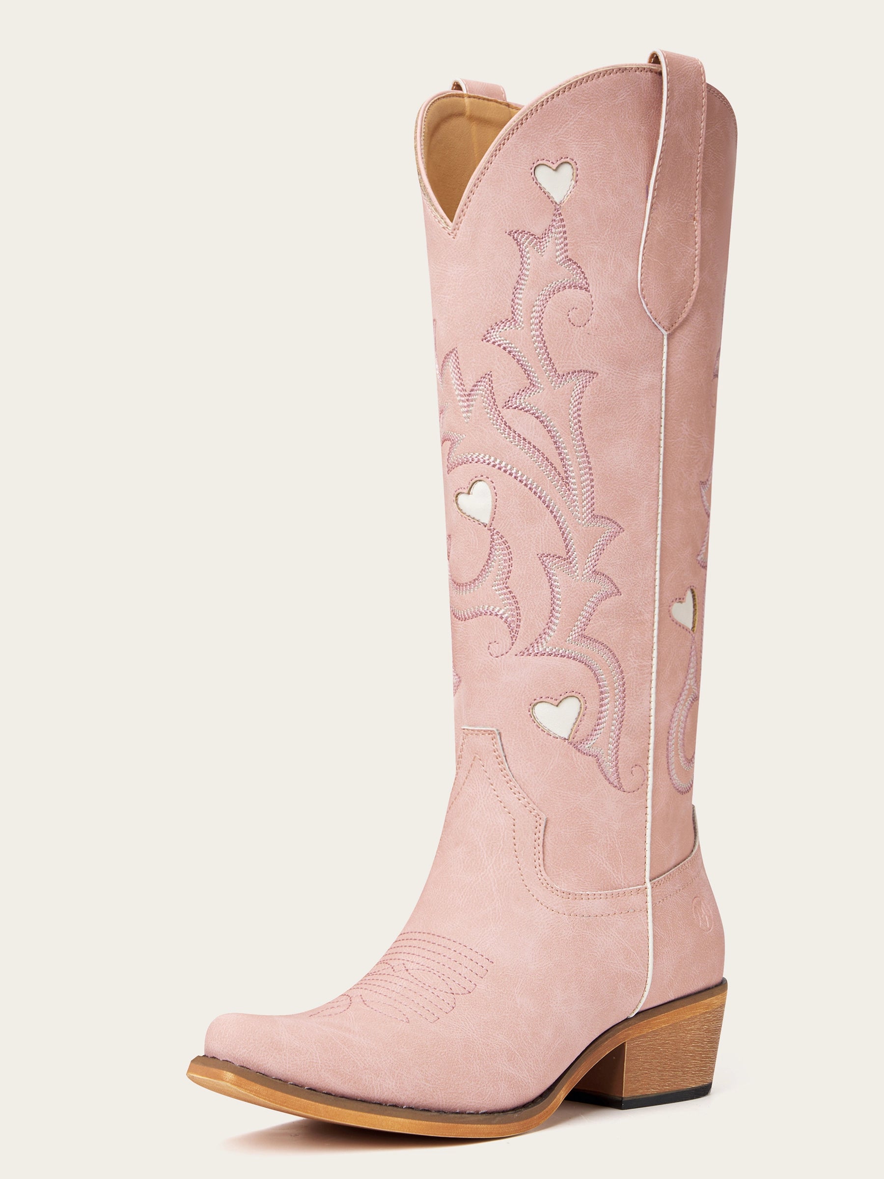 The Queen of Hearts: Blush Pink Boots with White Heart Inlays & Embroidery