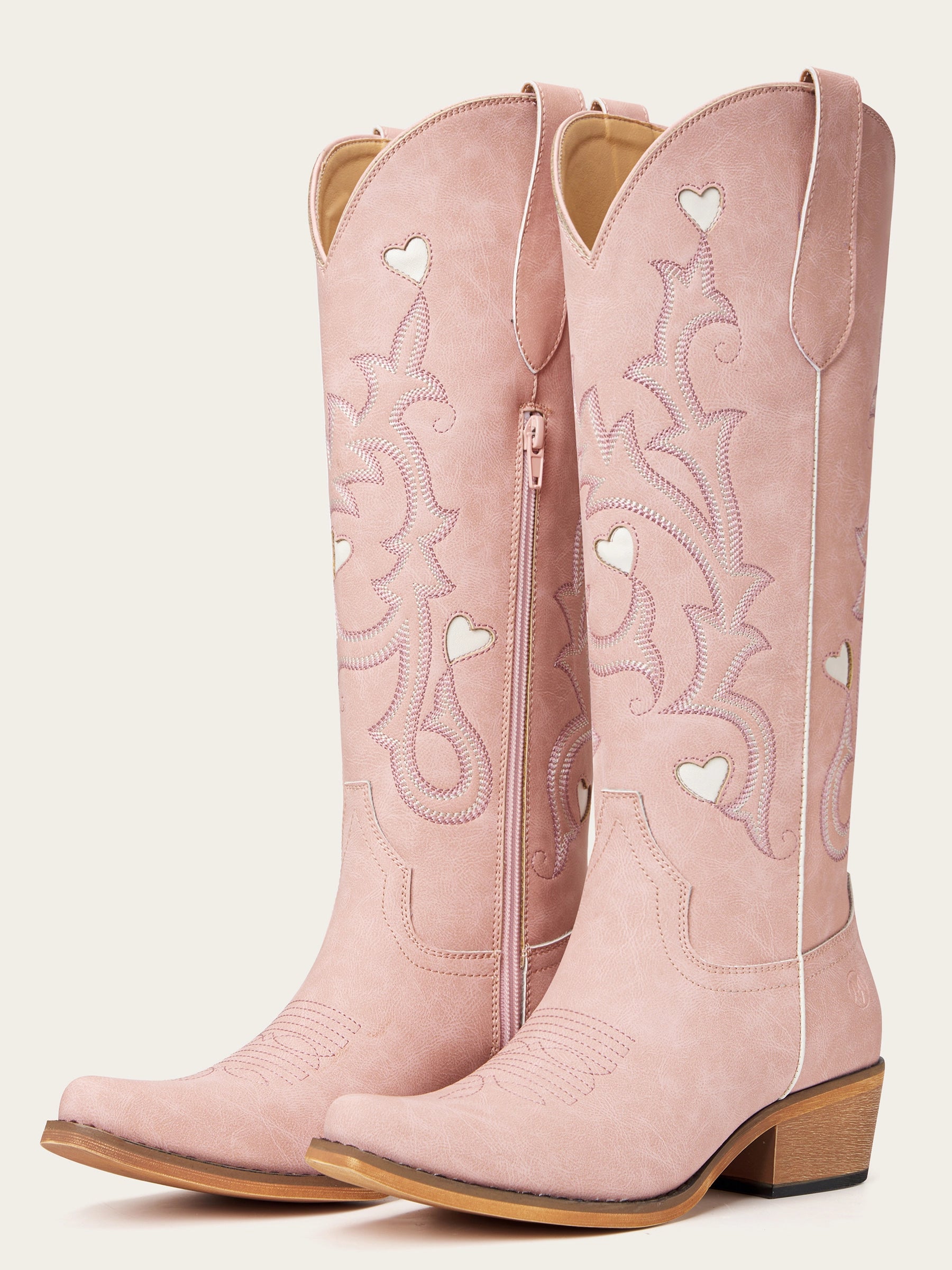 The Queen of Hearts: Blush Pink Boots with White Heart Inlays & Embroidery