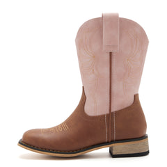 Kids' Brown & Pink Western Embroidered Cowboy Boots