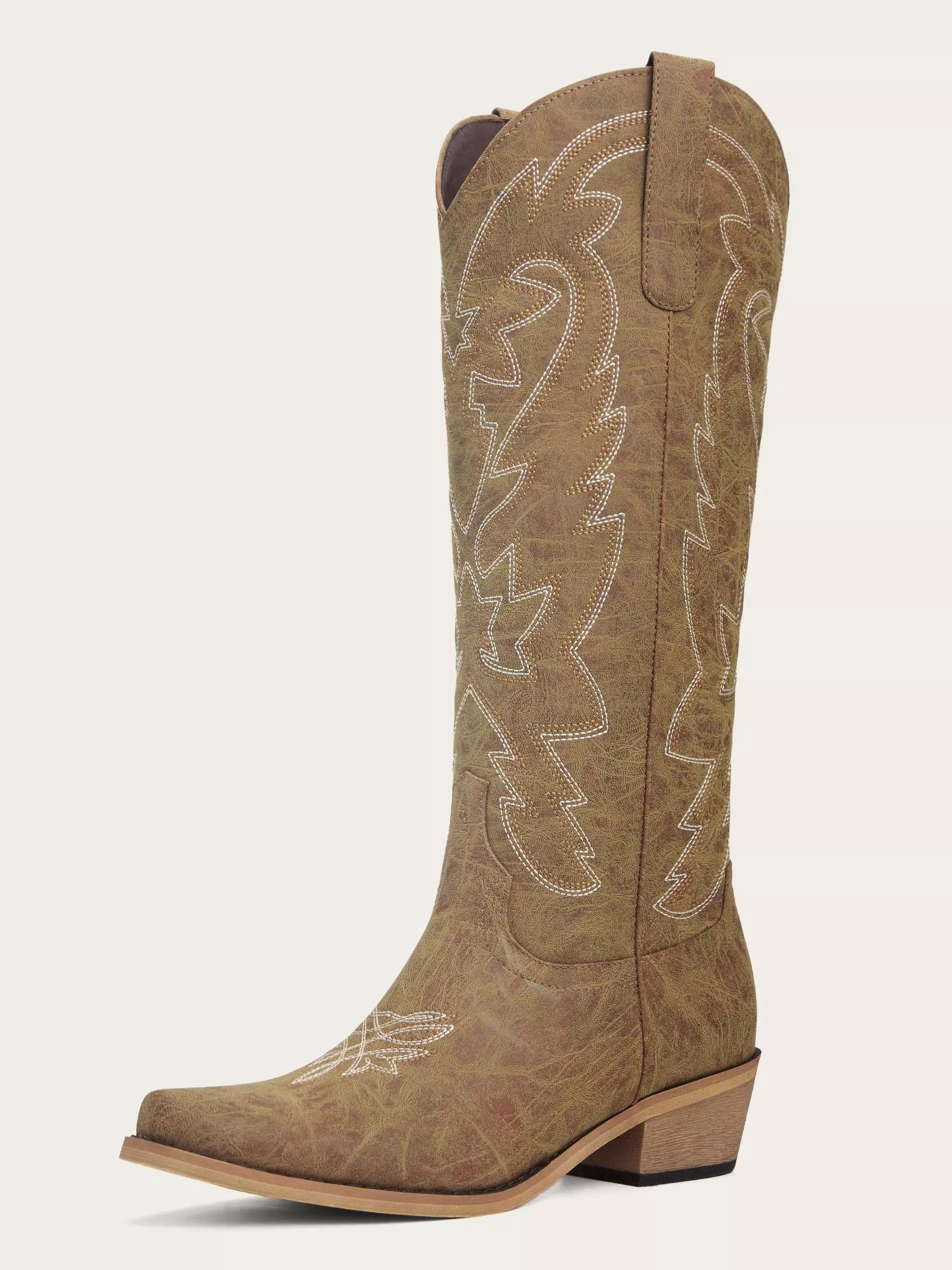 The Aspen: Knee-High Western Boots in Distressed Taupe Brown