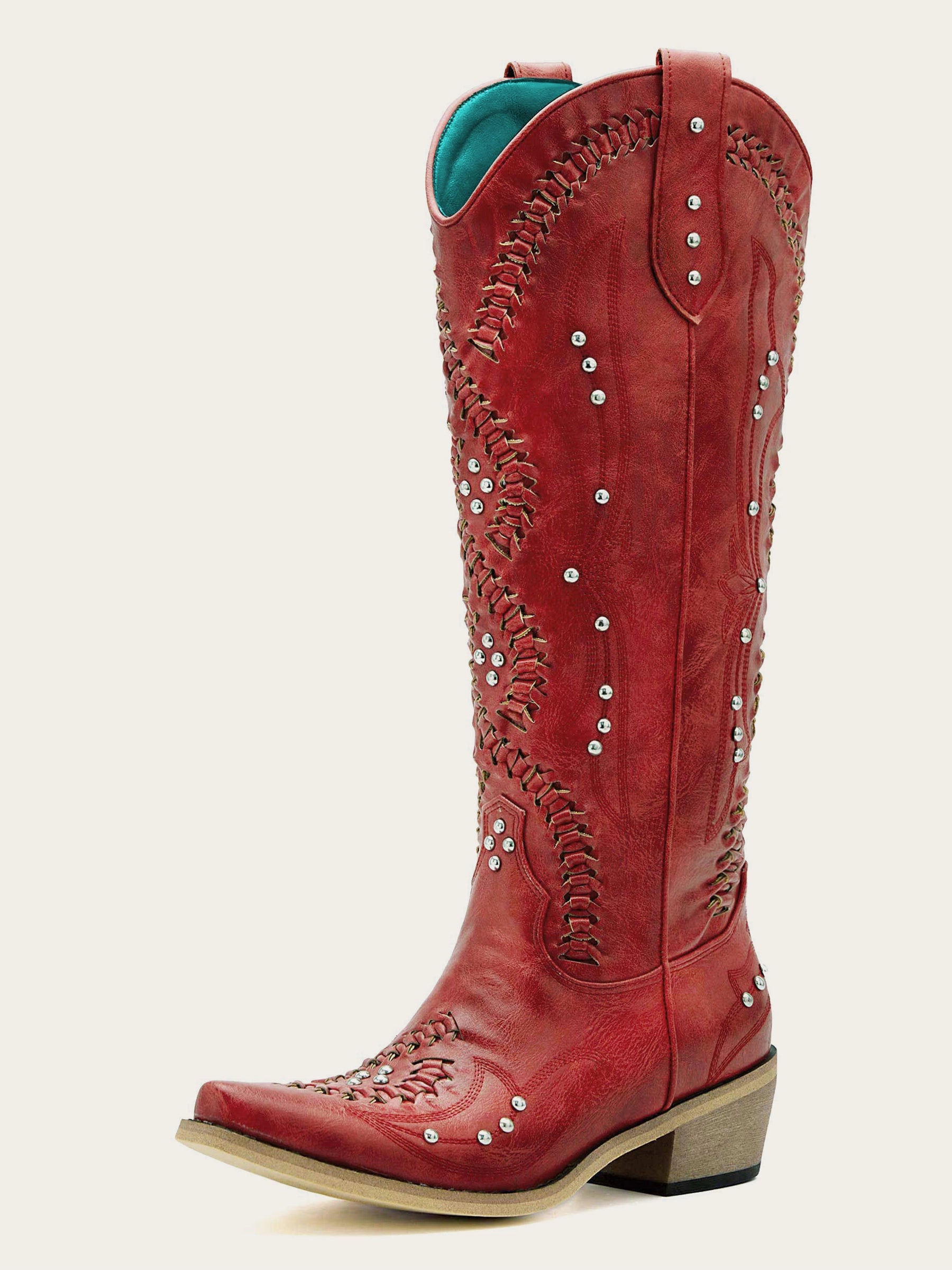 The Renegade: Red Studded Boots with Whipstitch & Turquoise Lining