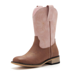 Kids' Brown & Pink Western Embroidered Cowboy Boots