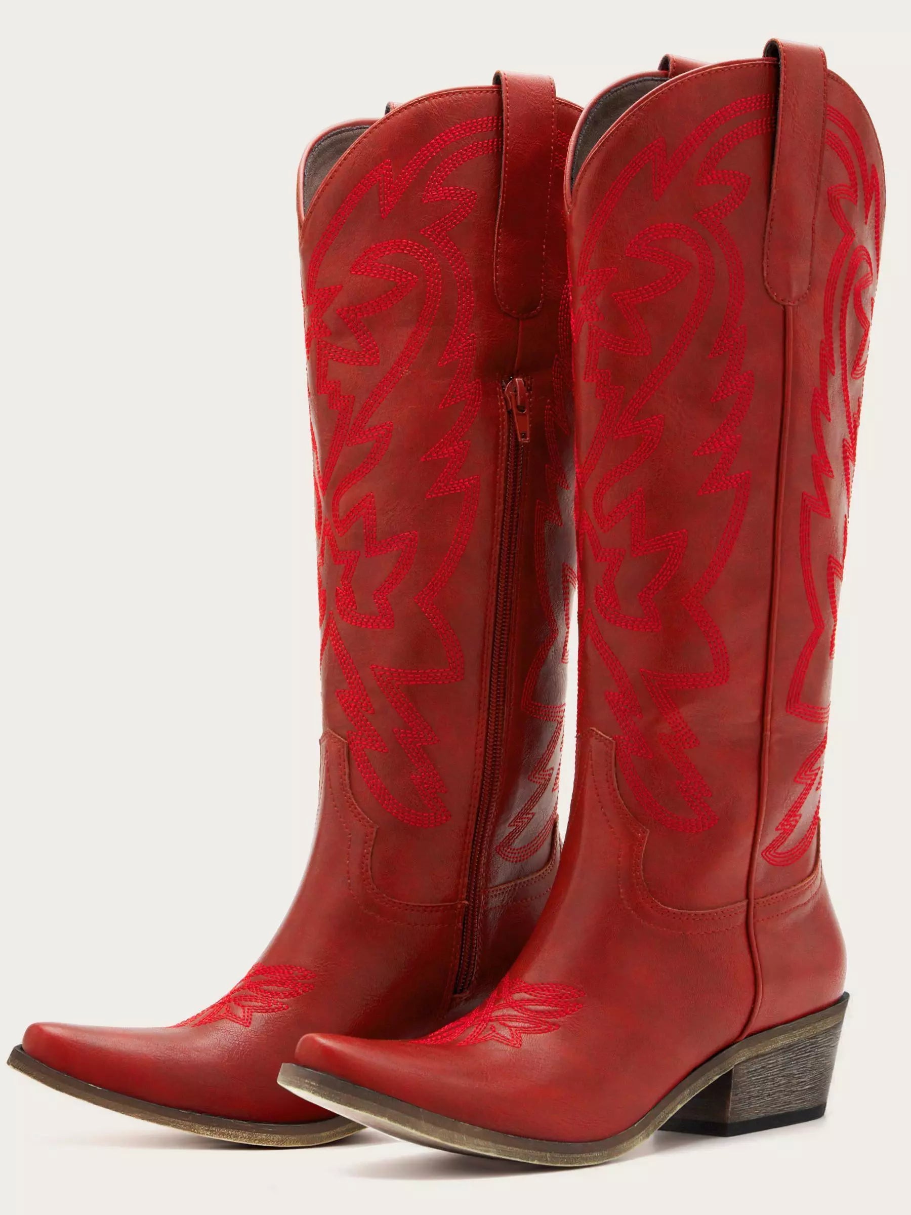 The Aspen: Knee-High Western Boots in Bold Red with Tonal Embroidery