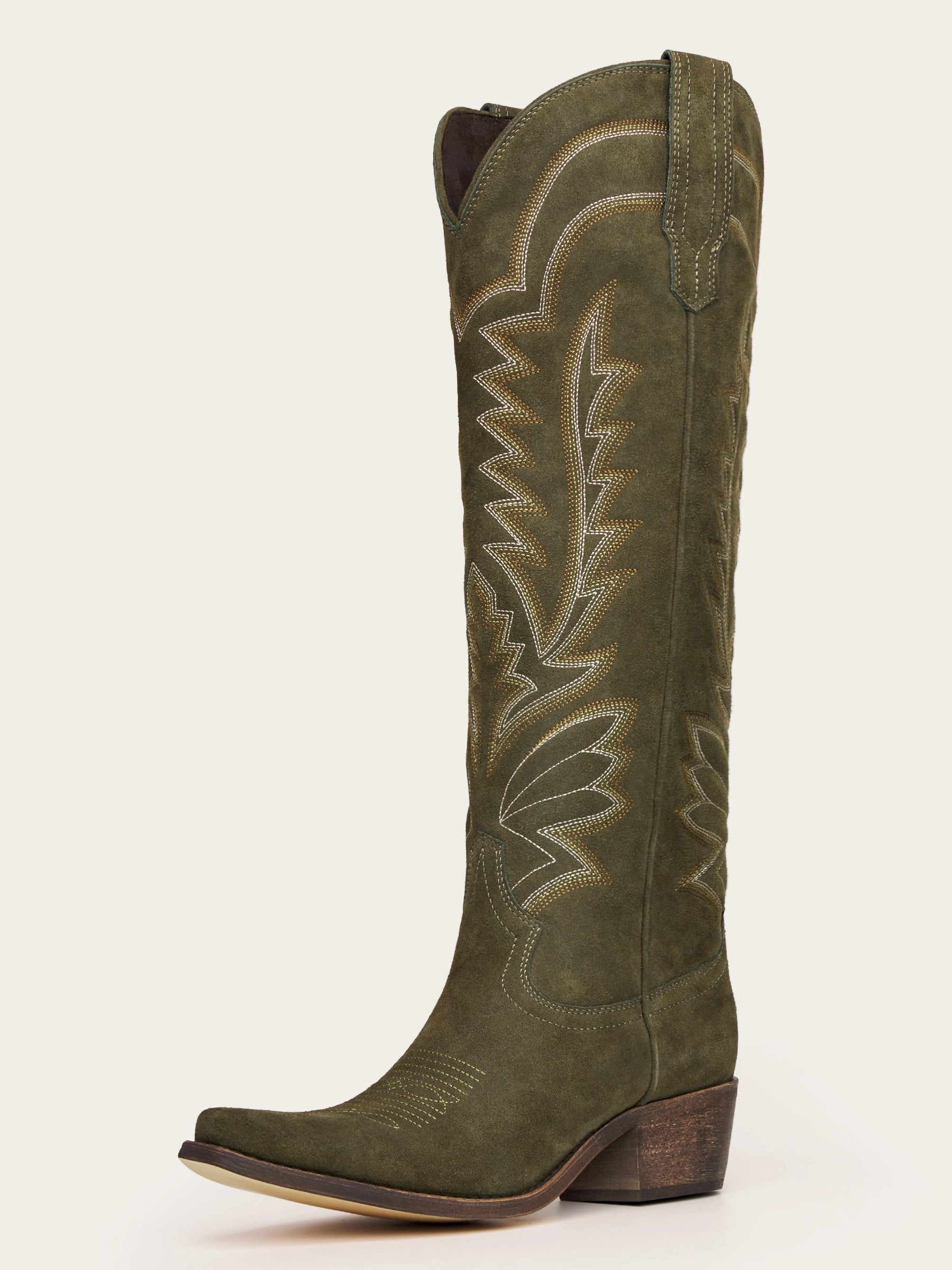 The Legacy: Olive Green Suede-Finish Boots with Intricate Embroidery