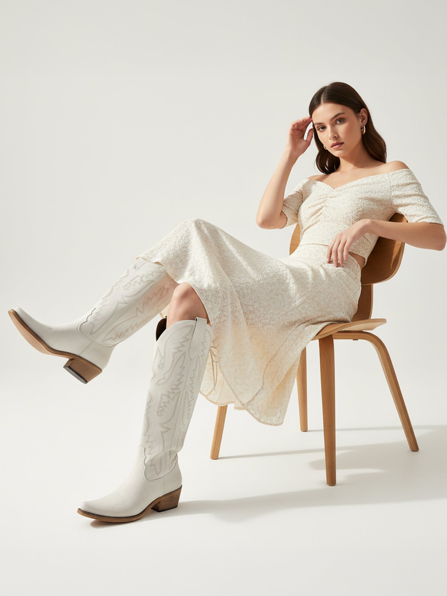 The Savannah: Knee-High Western Boots in Bone White with Lace-Up Detail