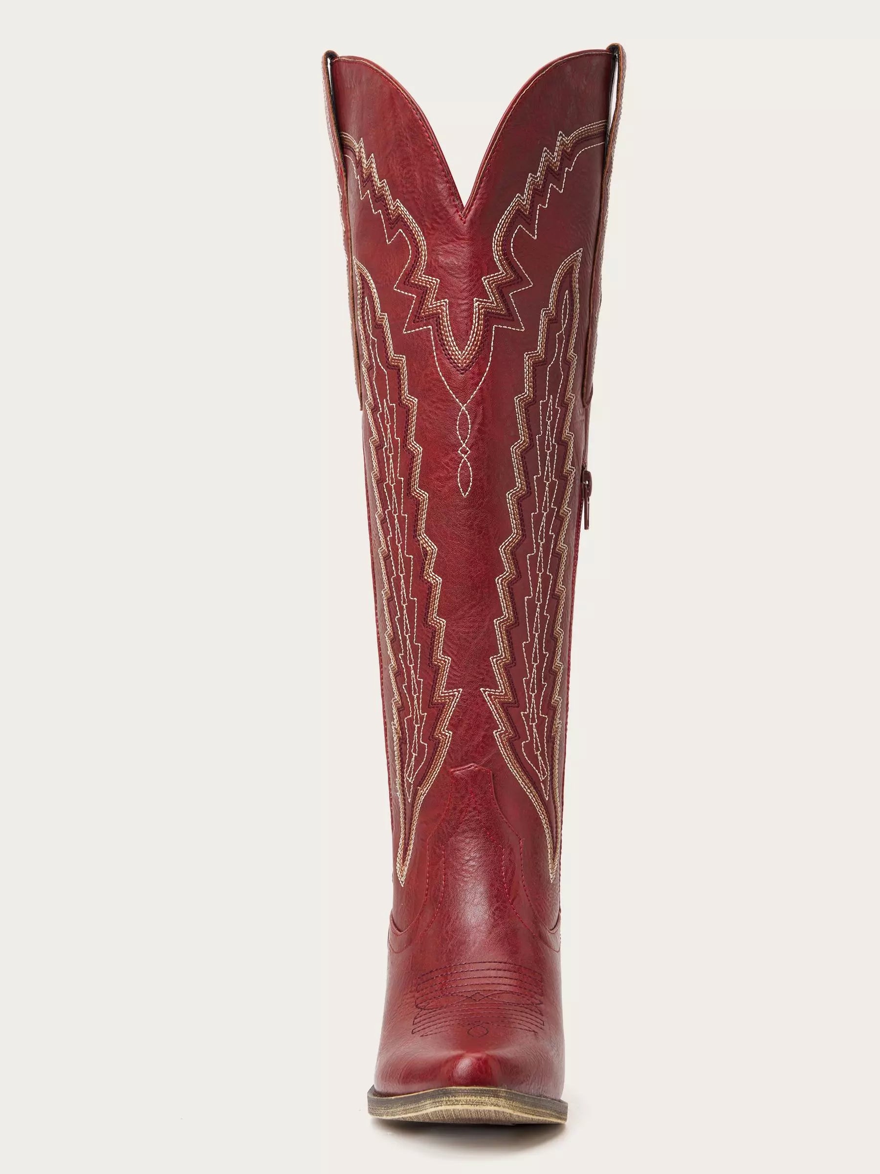 The Caliente: Rich Red Boots with Multi-Tonal Zigzag Embroidery