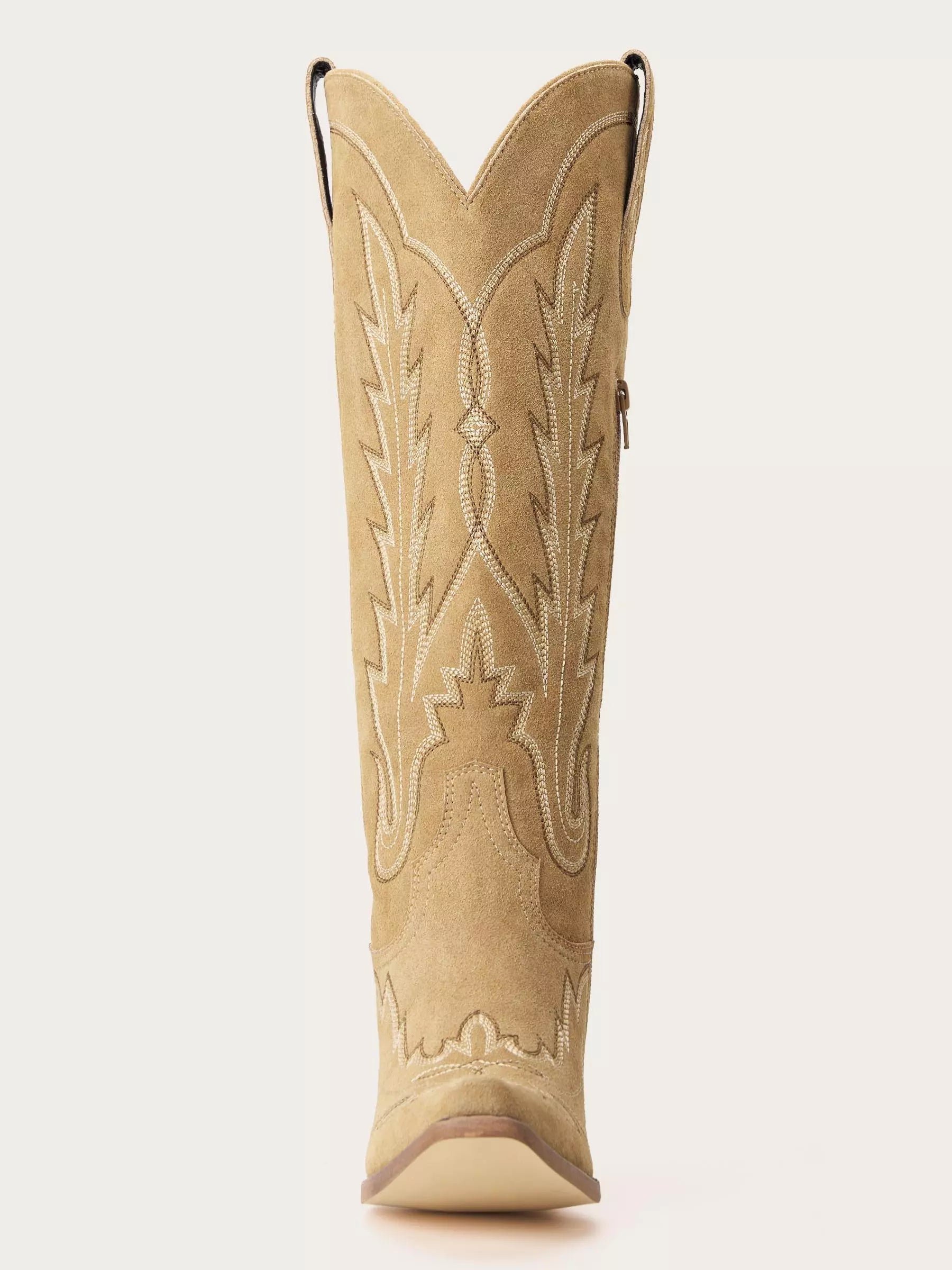 The Electra: Classic Beige Suede Embroidered Western Boots