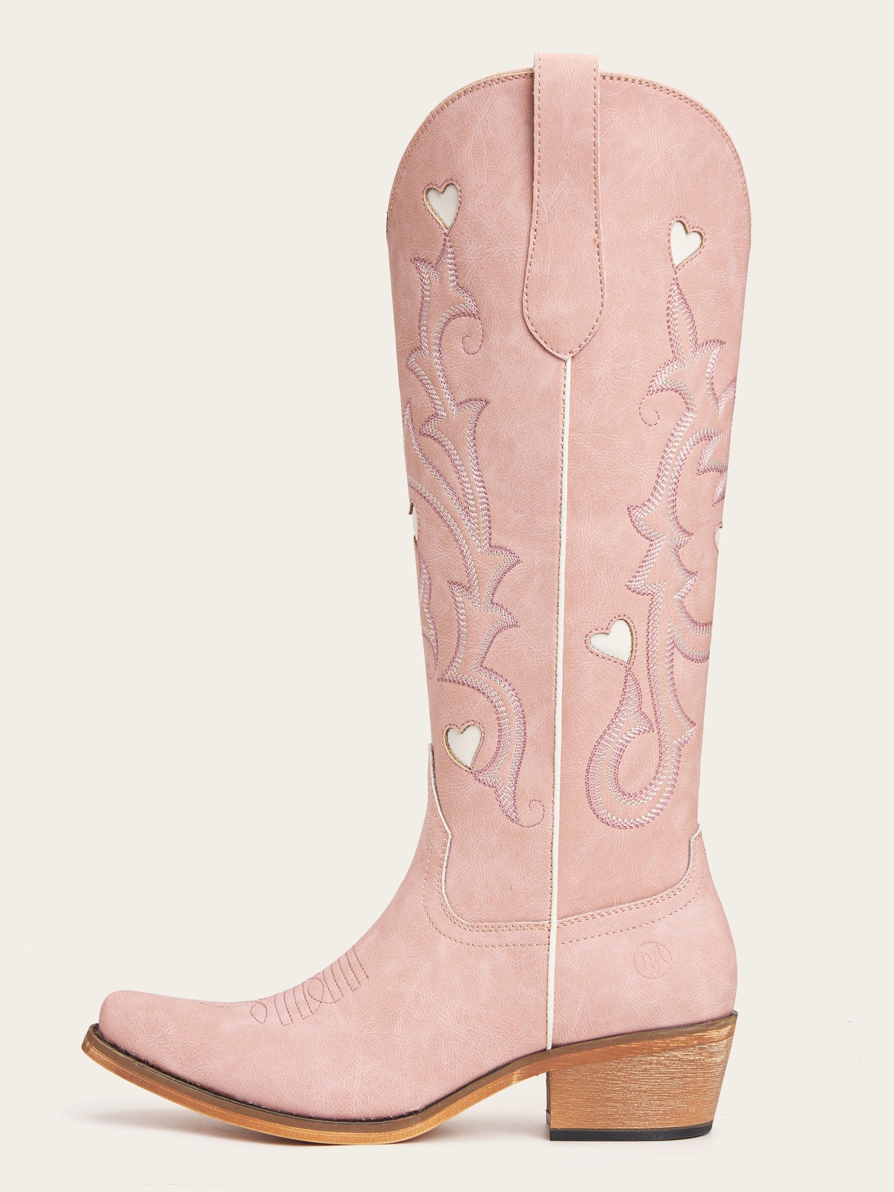 The Queen of Hearts: Blush Pink Boots with White Heart Inlays & Embroidery