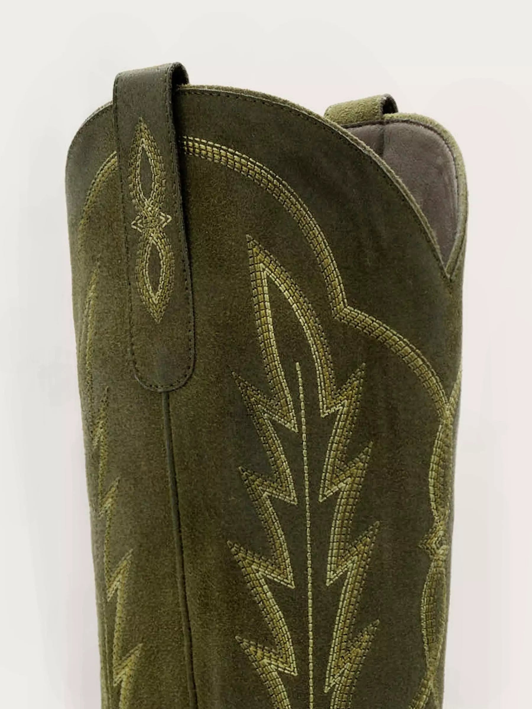 The Electra: Olive Green Suede Embroidered Western Boots