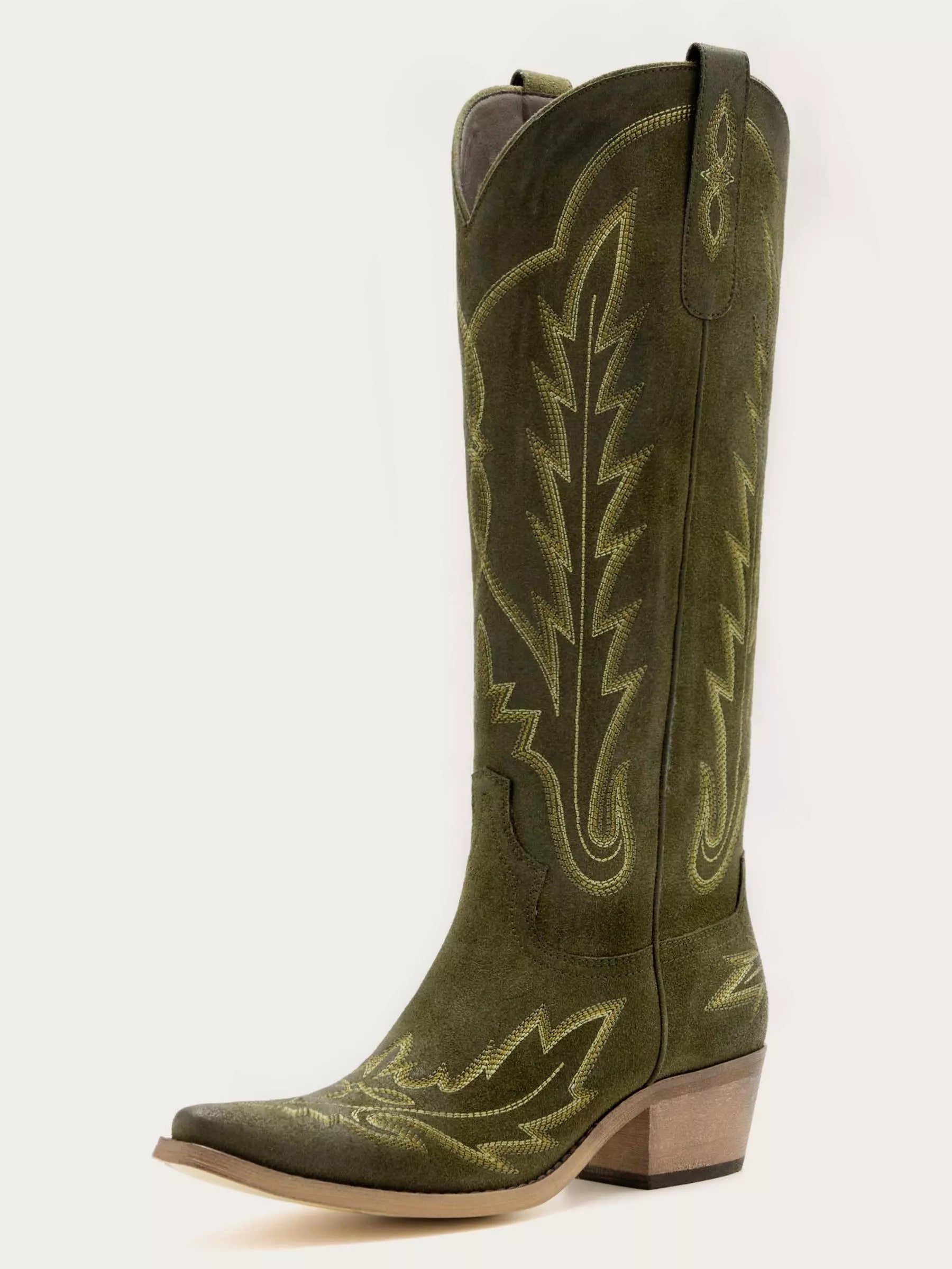 The Electra: Olive Green Suede Embroidered Western Boots