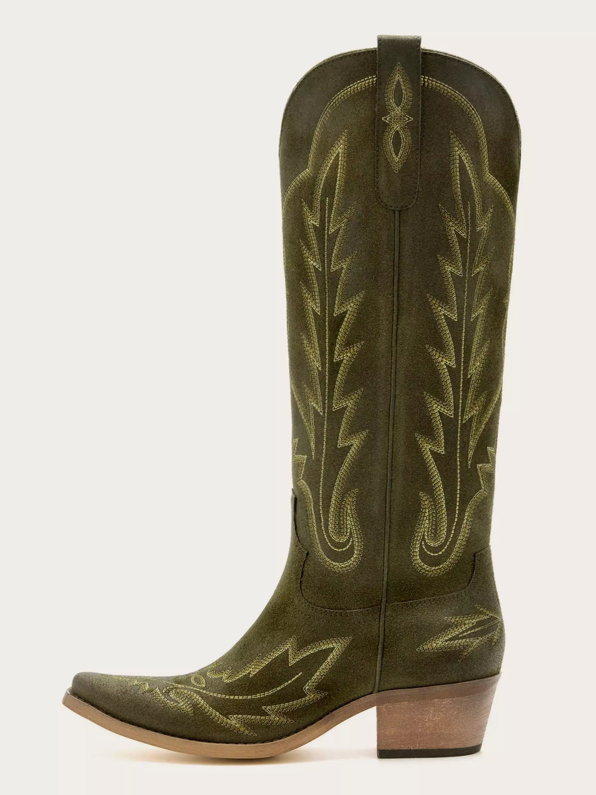 The Electra: Olive Green Suede Embroidered Western Boots