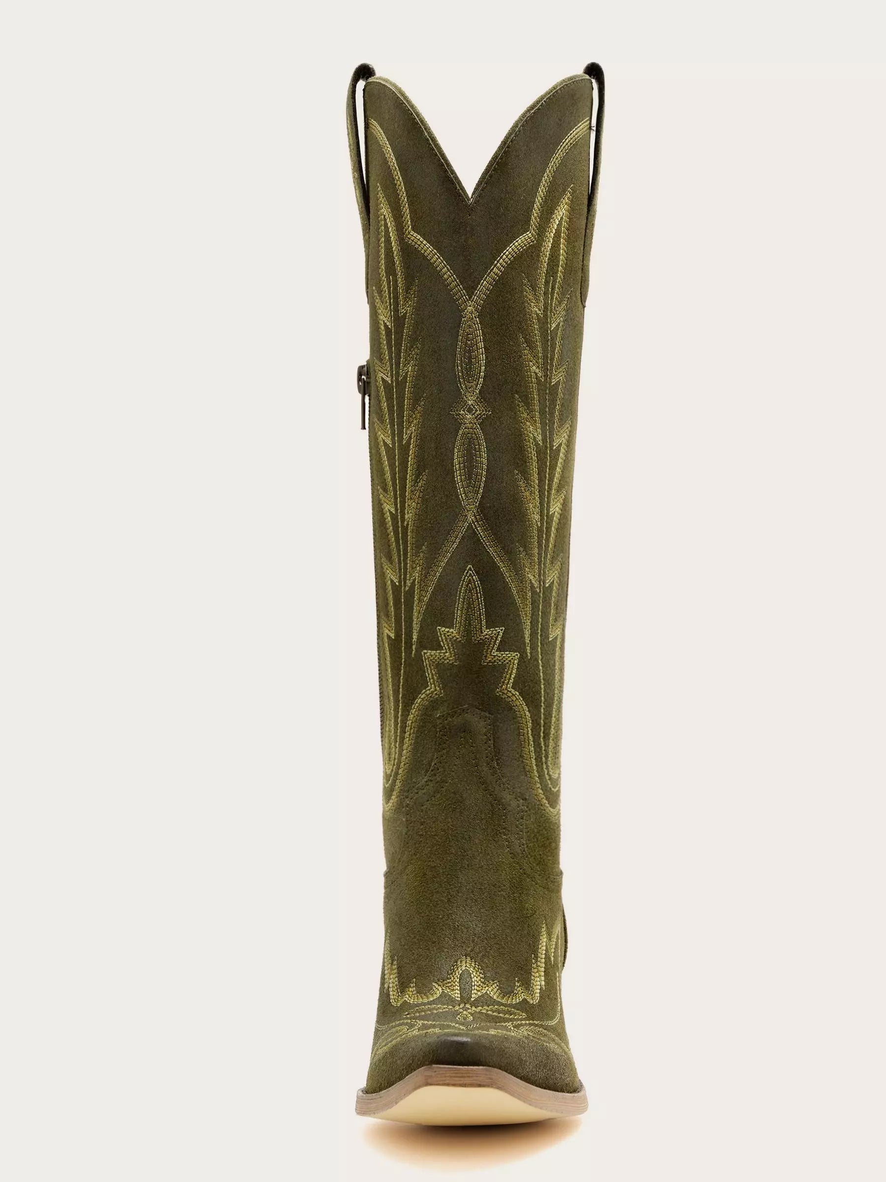 The Electra: Olive Green Suede Embroidered Western Boots