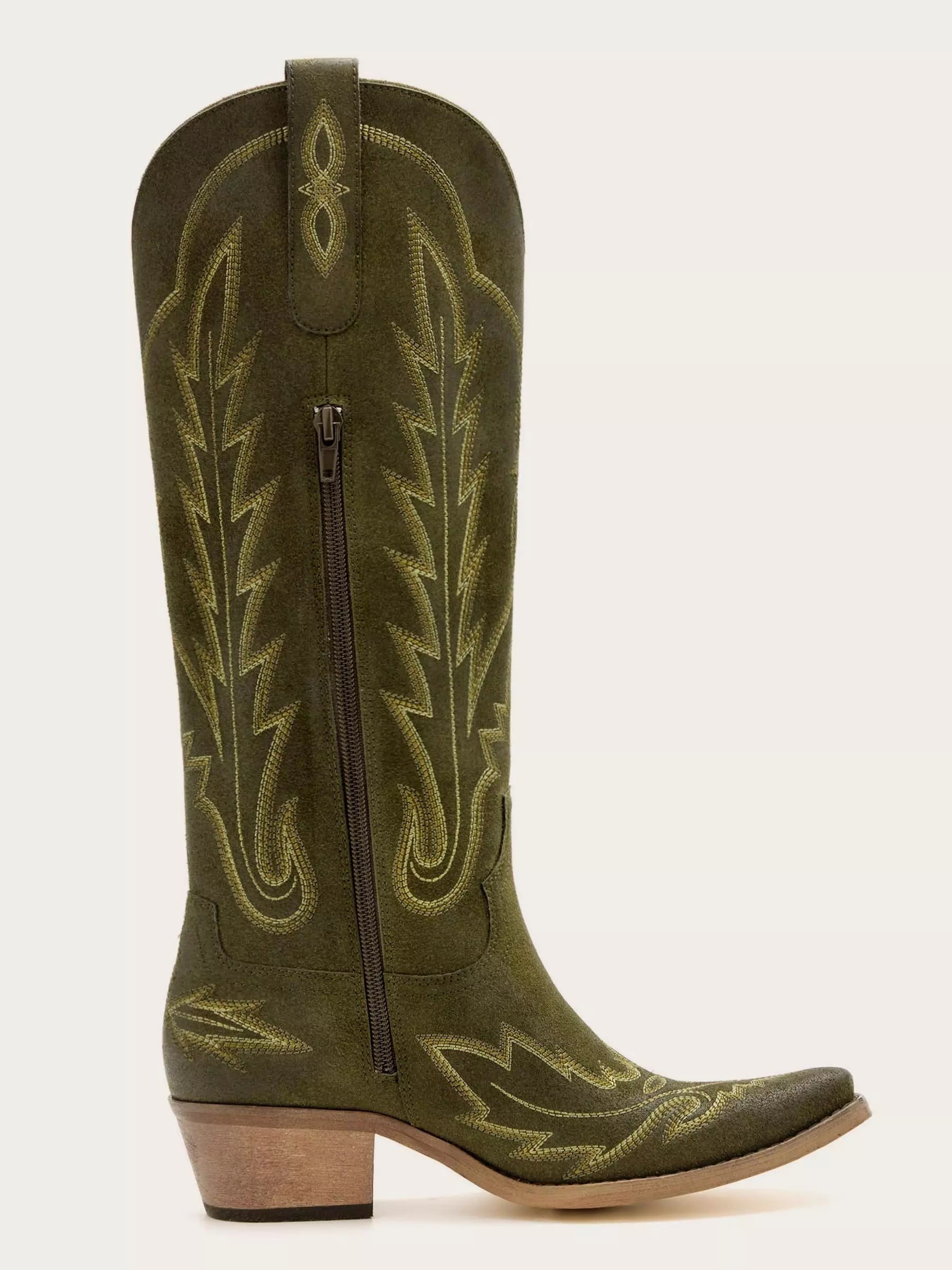 The Electra: Olive Green Suede Embroidered Western Boots