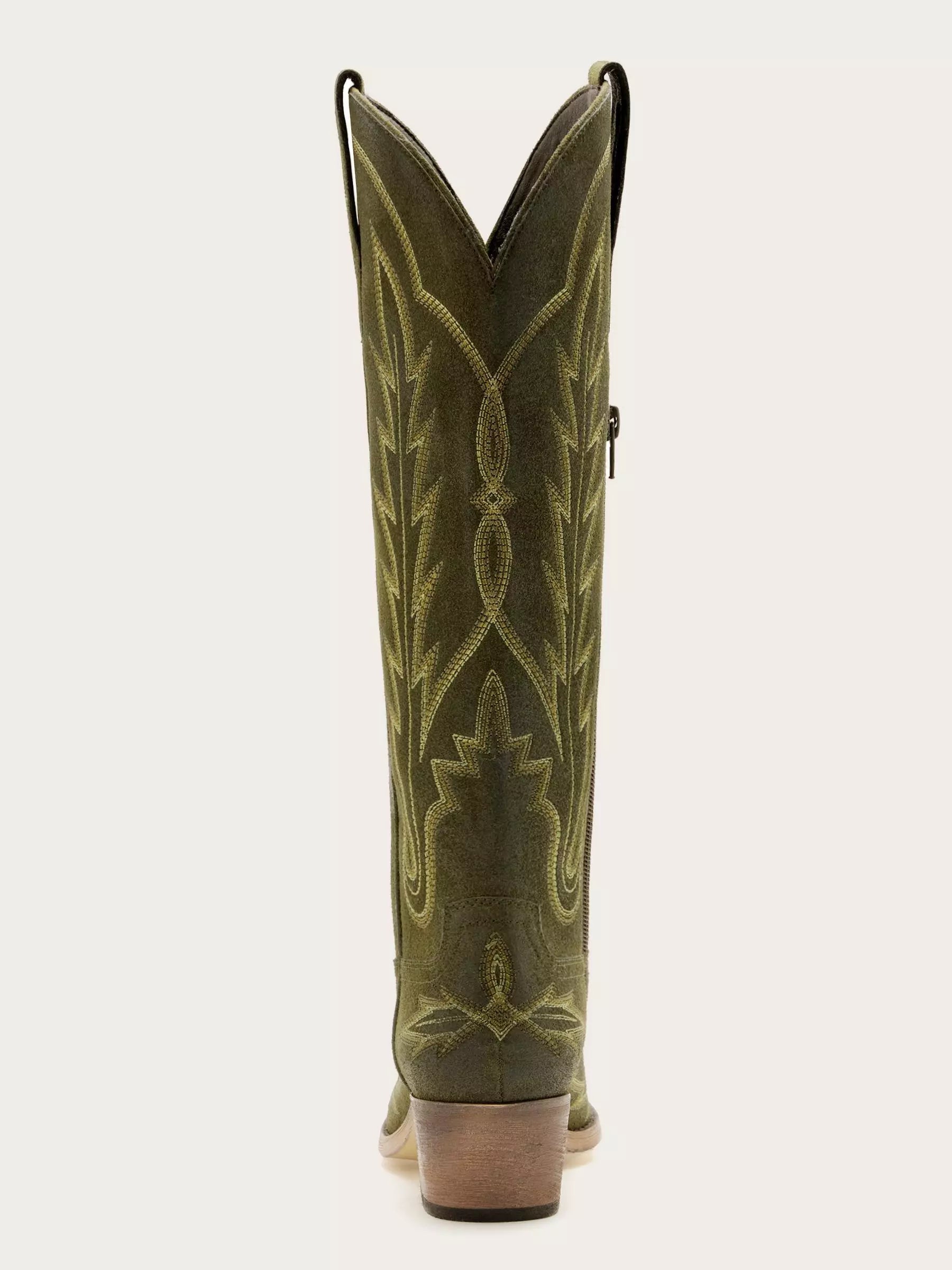 The Electra: Olive Green Suede Embroidered Western Boots
