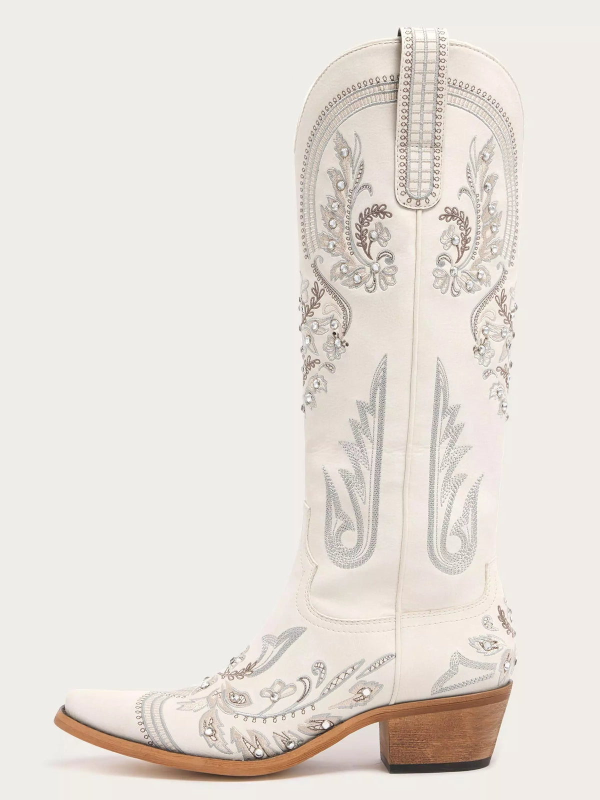 The Starlight Rider: White & Silver Embroidered Western Boots with Rhinestones