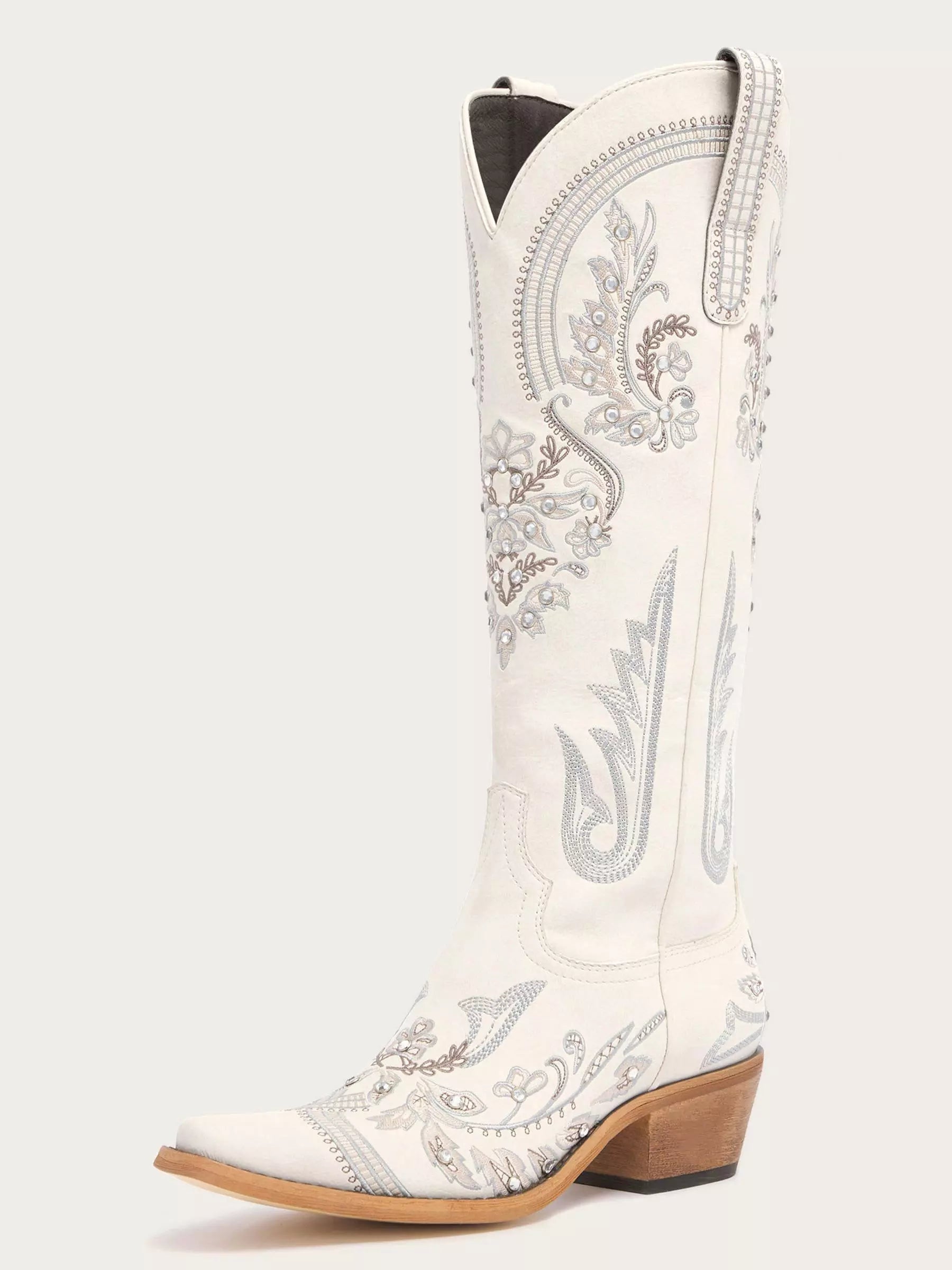 The Starlight Rider: White & Silver Embroidered Western Boots with Rhinestones