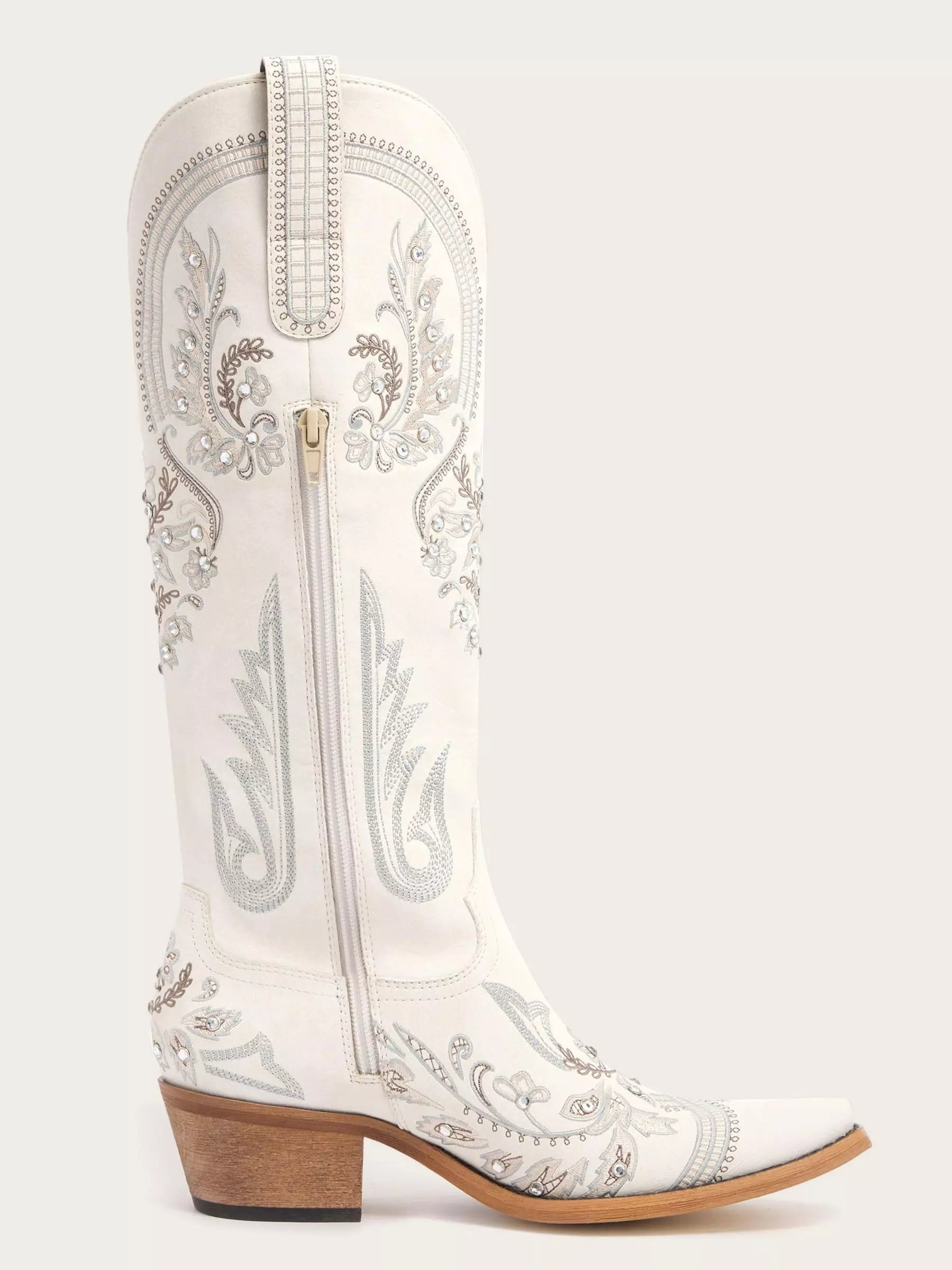 The Starlight Rider: White & Silver Embroidered Western Boots with Rhinestones