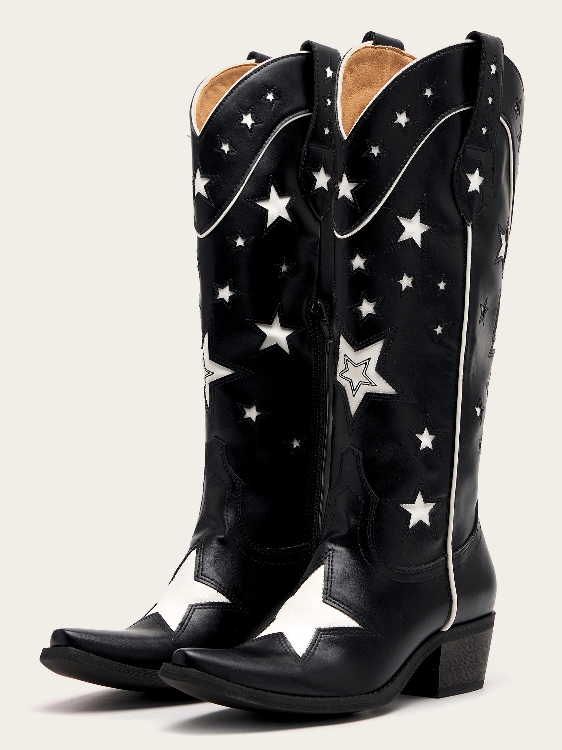 The Cosmic Cowgirl: Black & White Star Inlay Western Boots