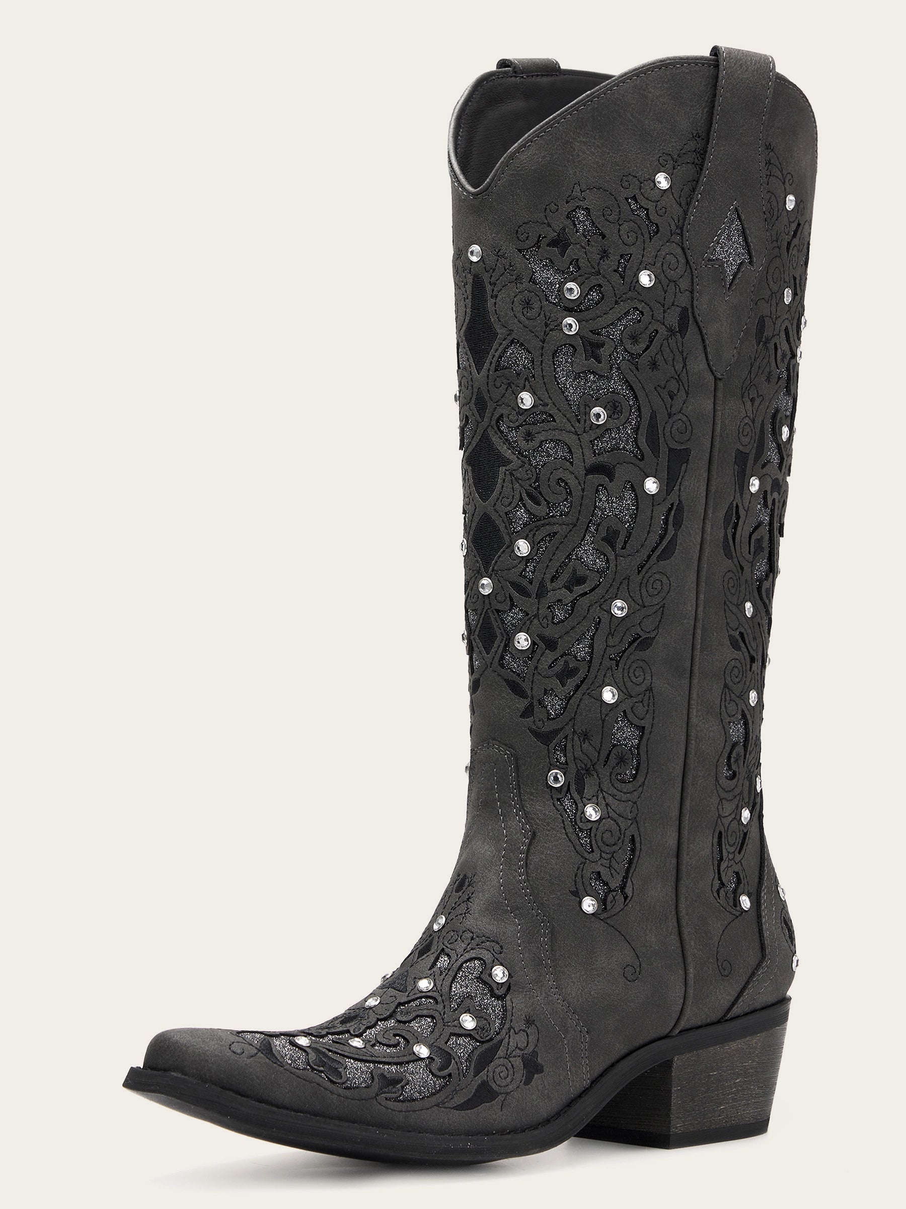 The Diamond Sky Boot: Black Suede Western Boots with Glitter Inlay & Rhinestones