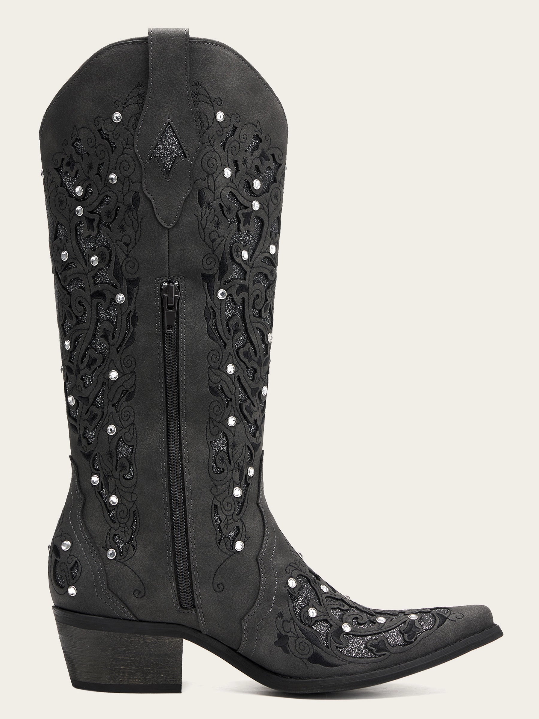 The Diamond Sky Boot: Black Suede Western Boots with Glitter Inlay & Rhinestones