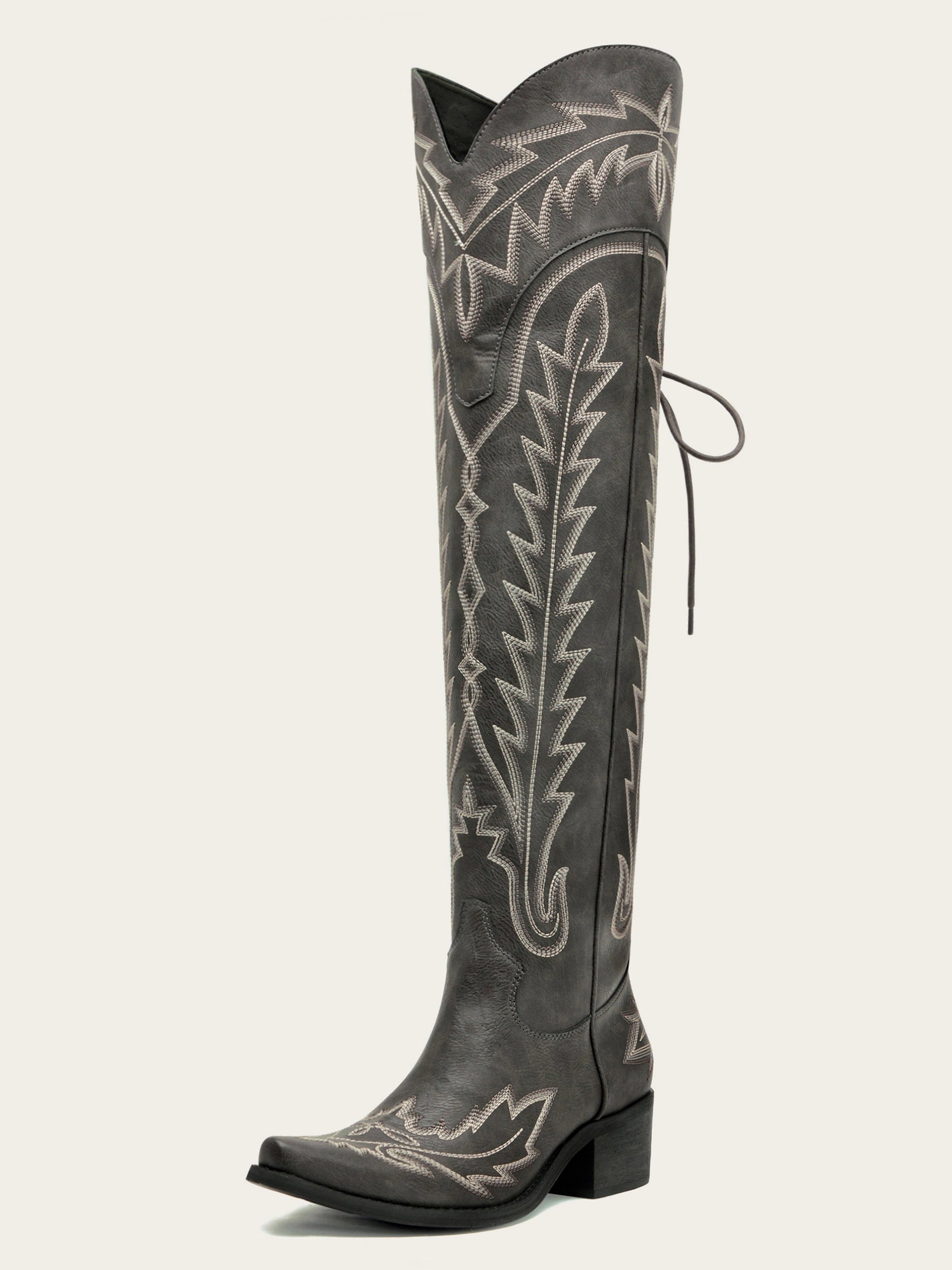 The Siren: Over-the-Knee Embroidered Western Boots in Charcoal Grey