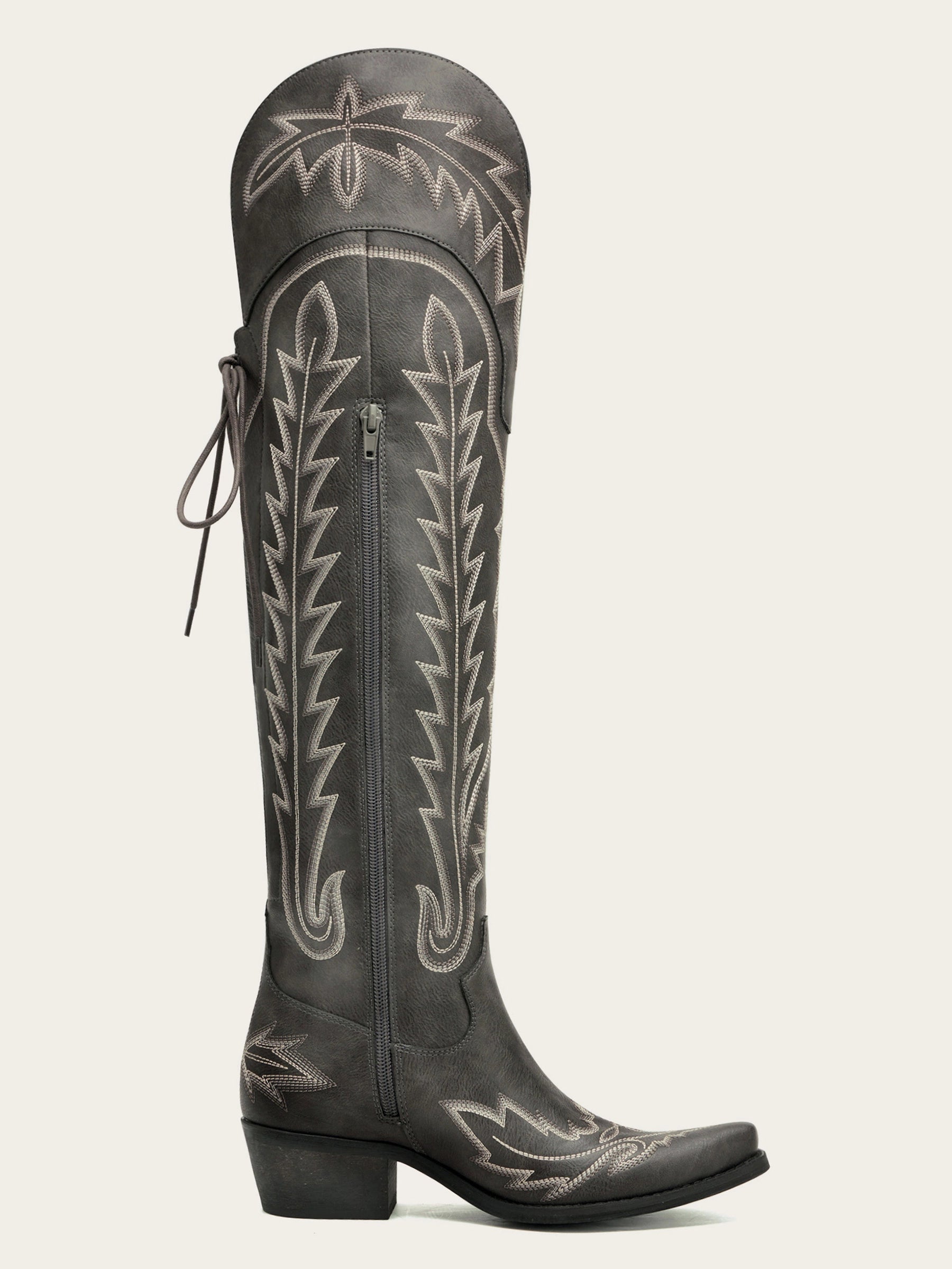 The Siren: Over-the-Knee Embroidered Western Boots in Charcoal Grey