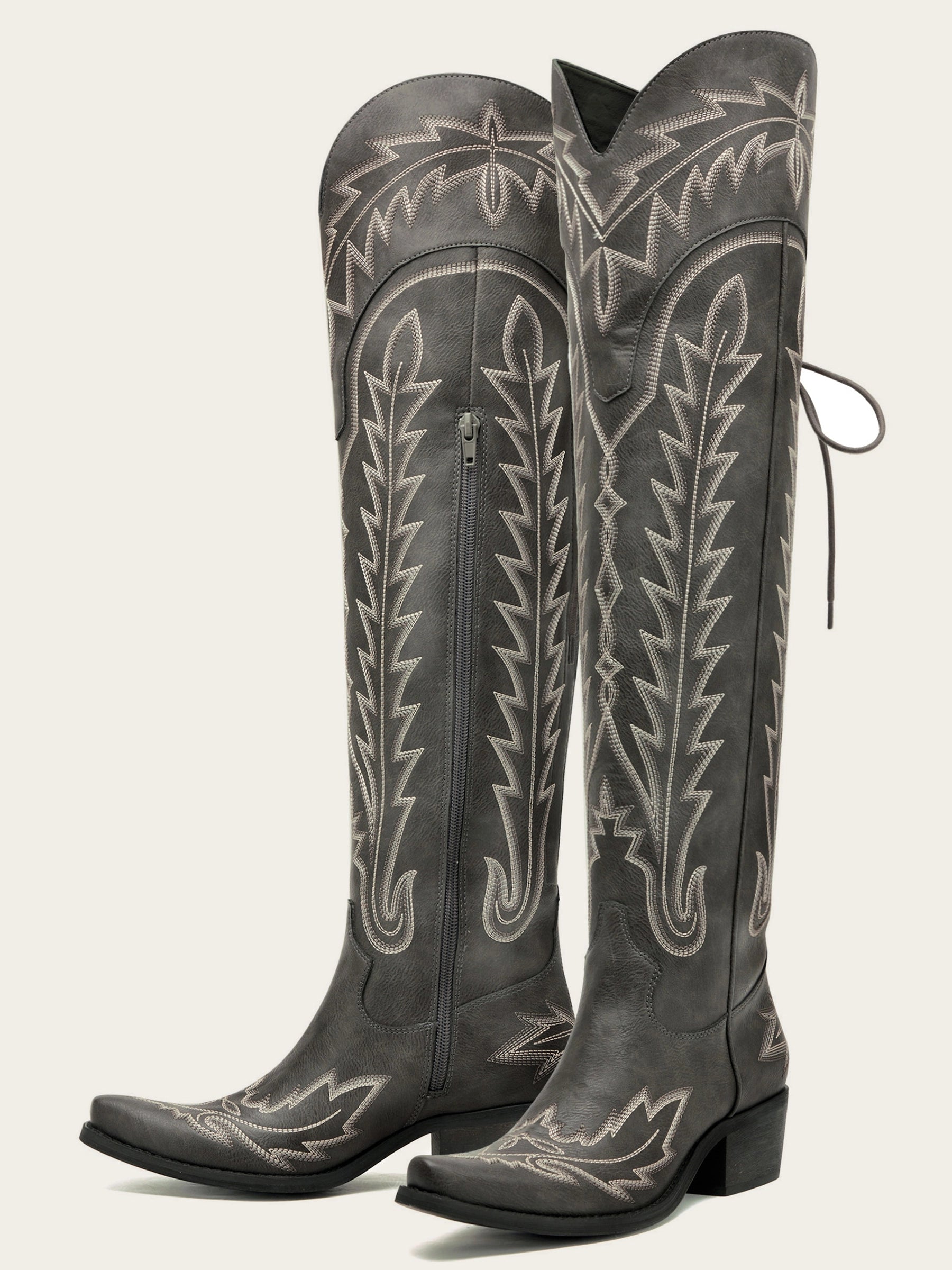 The Siren: Over-the-Knee Embroidered Western Boots in Charcoal Grey
