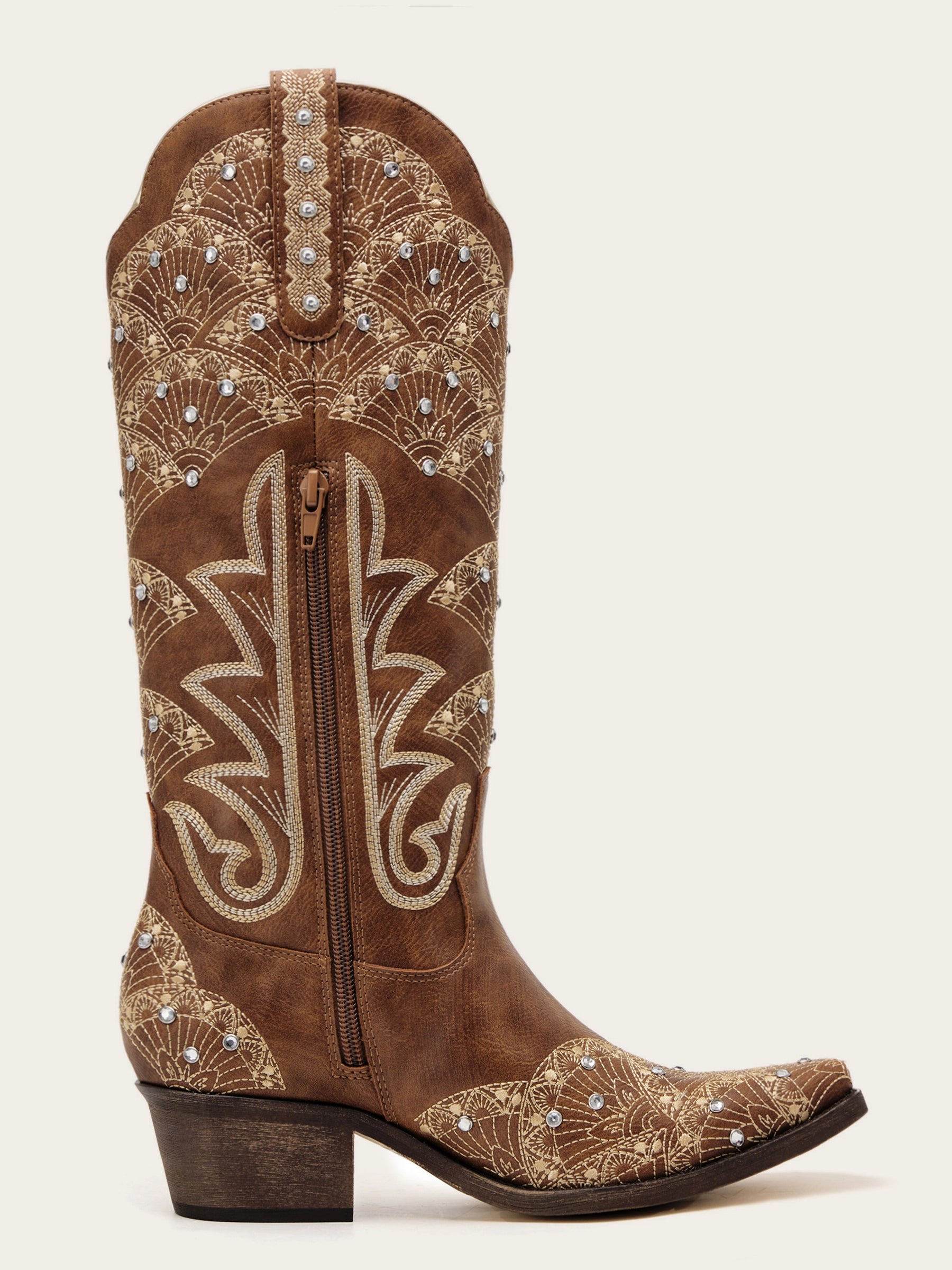 The Radiance Boot: Vintage Brown Boots with Sunburst Embroidery & Rhinestones