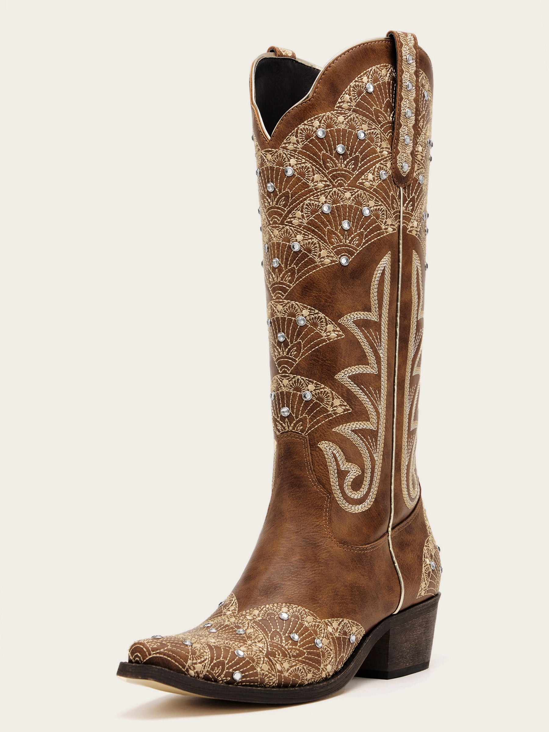 The Radiance Boot: Vintage Brown Boots with Sunburst Embroidery & Rhinestones