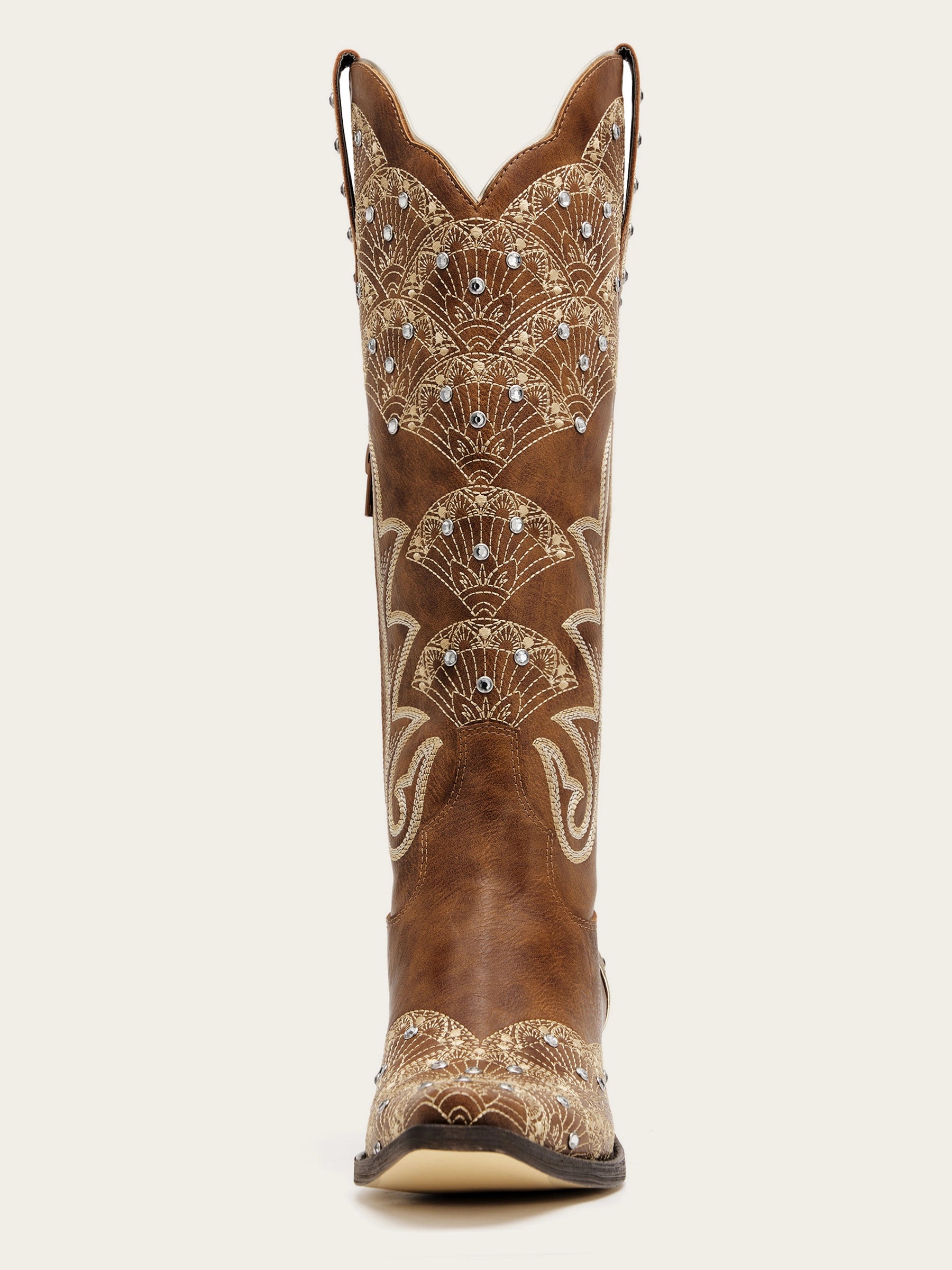 The Radiance Boot: Vintage Brown Boots with Sunburst Embroidery & Rhinestones