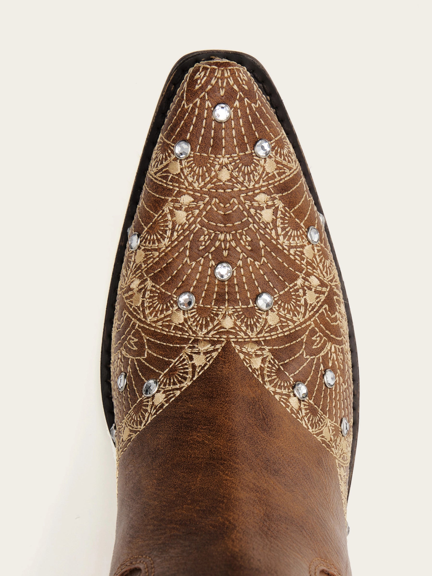 The Radiance Boot: Vintage Brown Boots with Sunburst Embroidery & Rhinestones