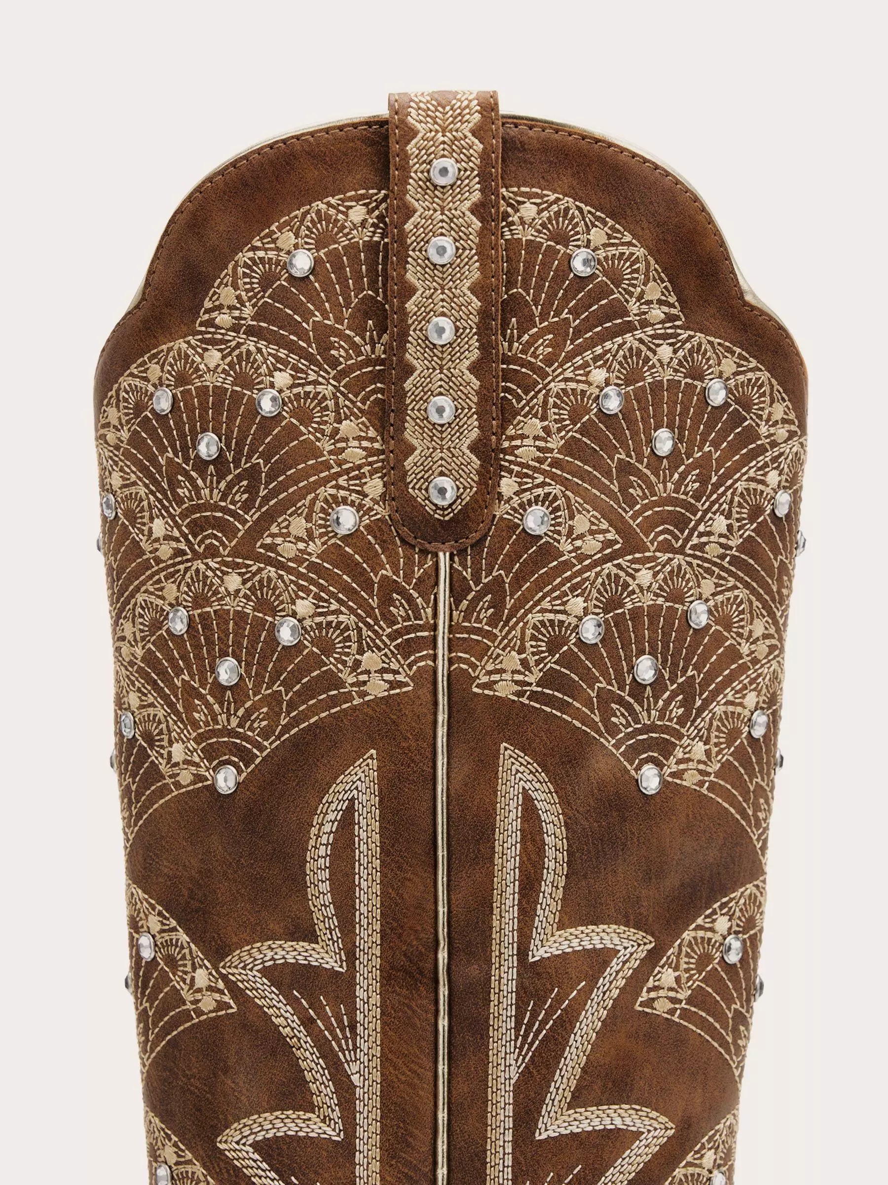 The Radiance Boot: Vintage Brown Boots with Sunburst Embroidery & Rhinestones