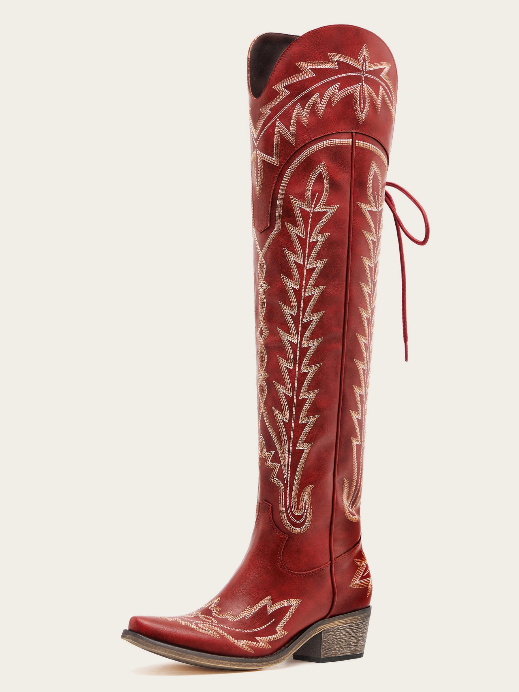 The Siren: Over-the-Knee Embroidered Western Boots in Vintage Red