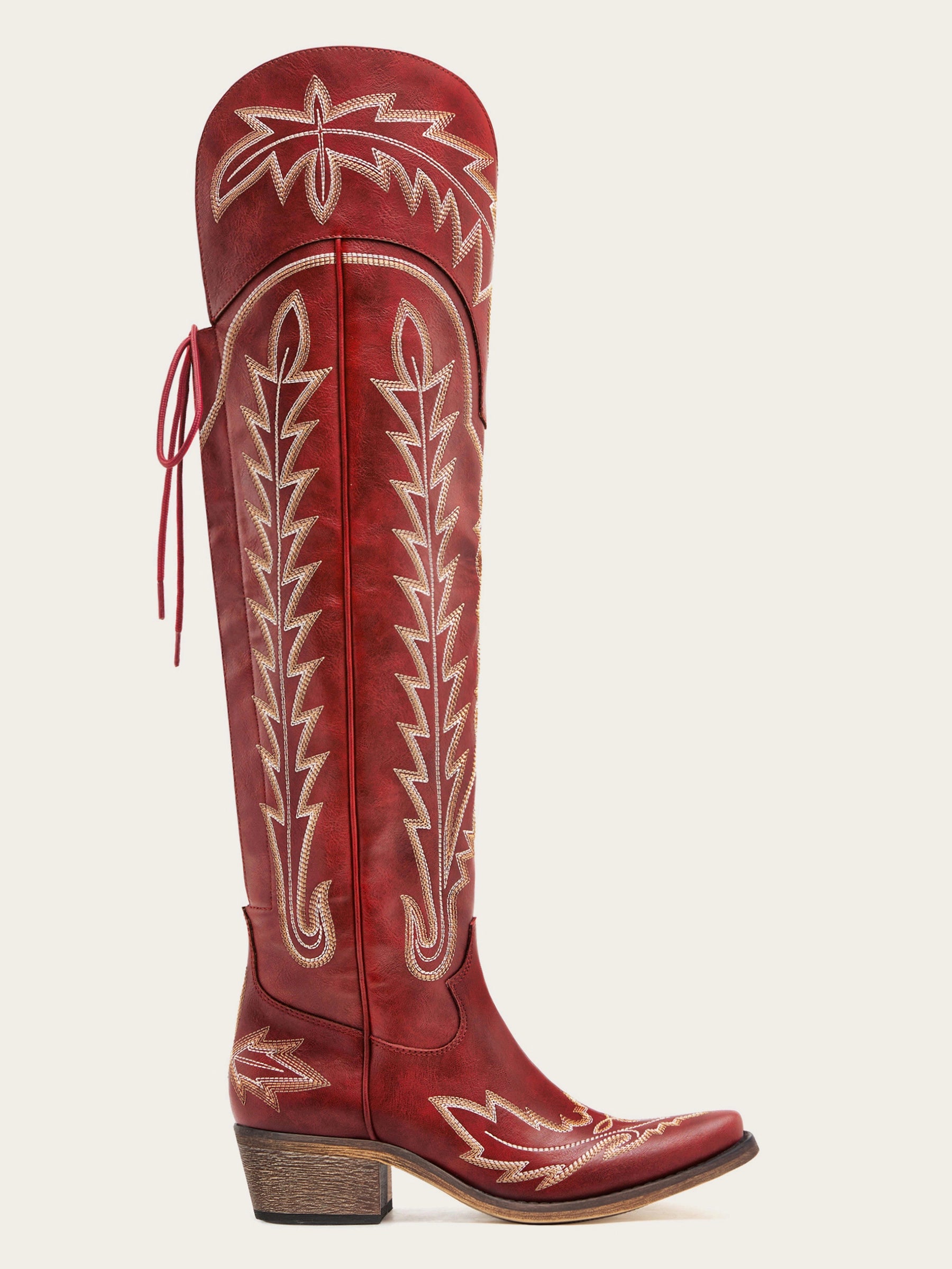 The Siren: Over-the-Knee Embroidered Western Boots in Vintage Red