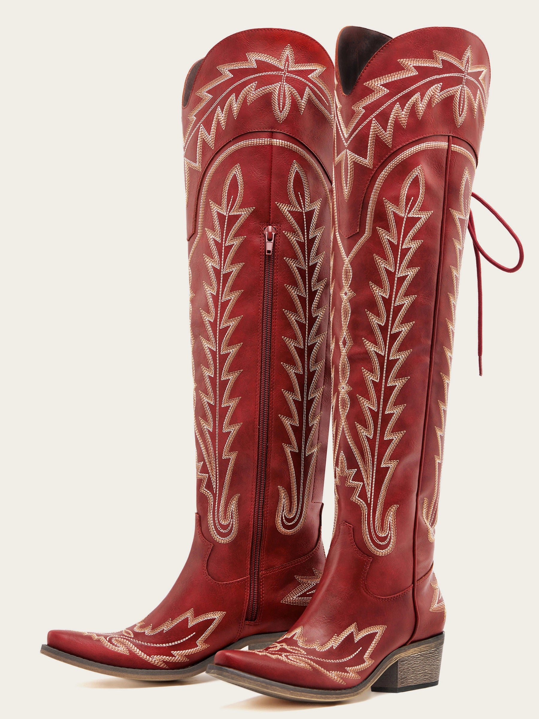 The Siren: Over-the-Knee Embroidered Western Boots in Vintage Red