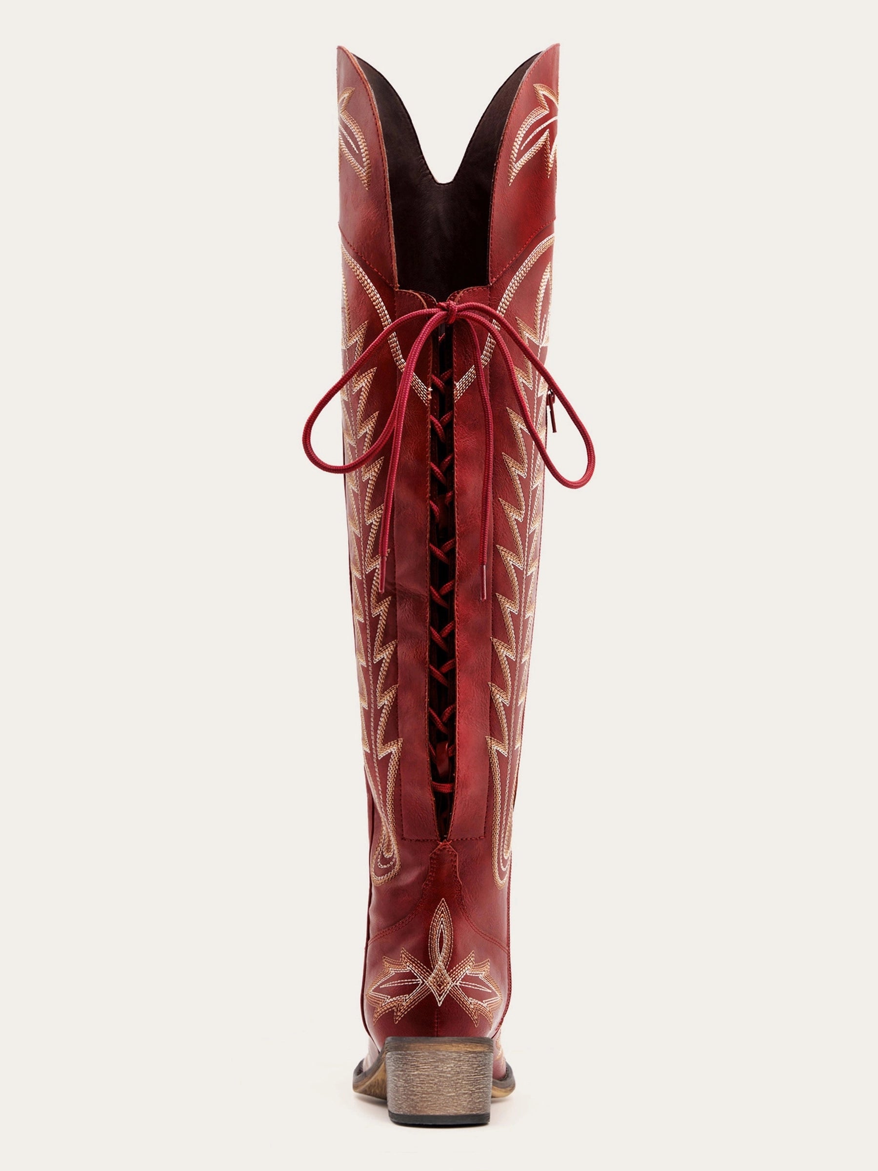 The Siren: Over-the-Knee Embroidered Western Boots in Vintage Red