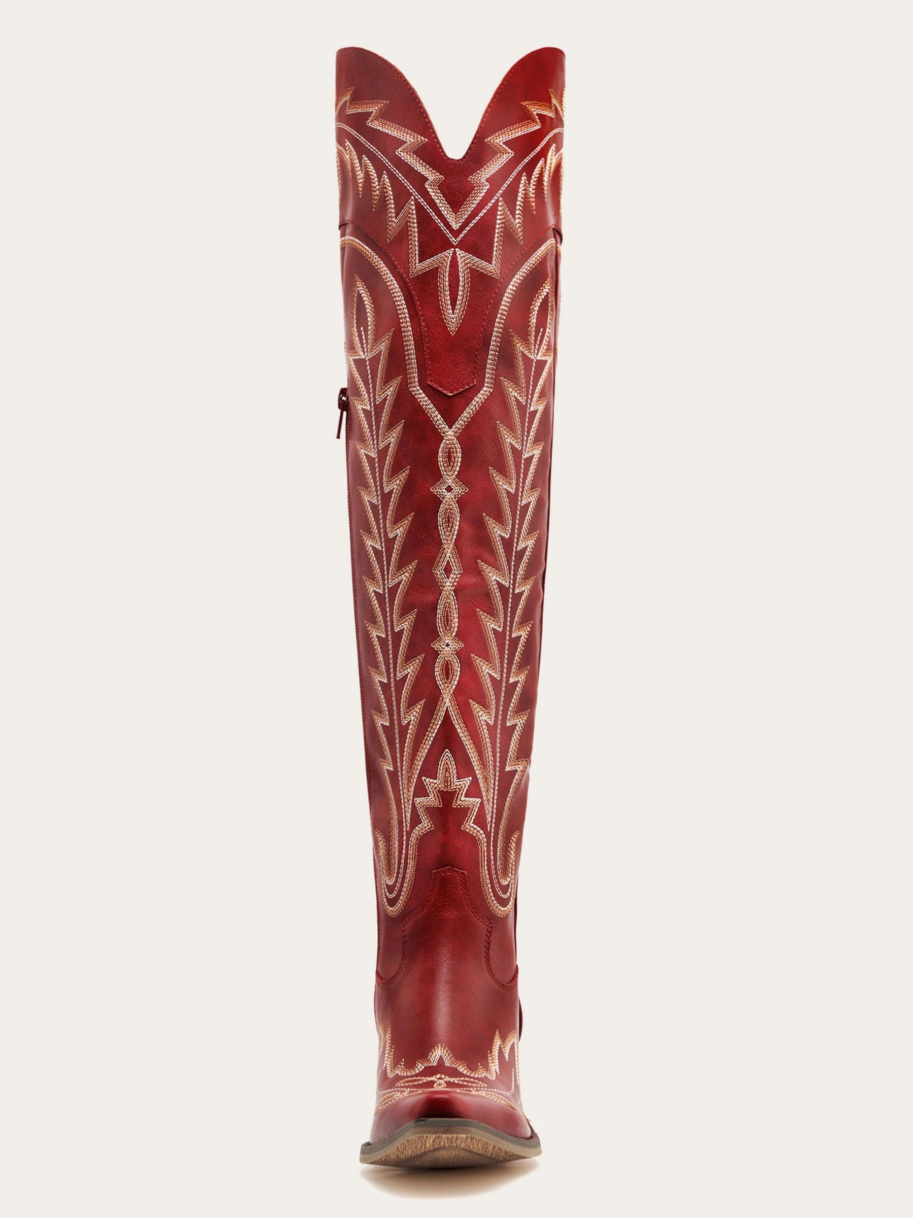 The Siren: Over-the-Knee Embroidered Western Boots in Vintage Red