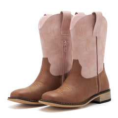 Kids' Brown & Pink Western Embroidered Cowboy Boots