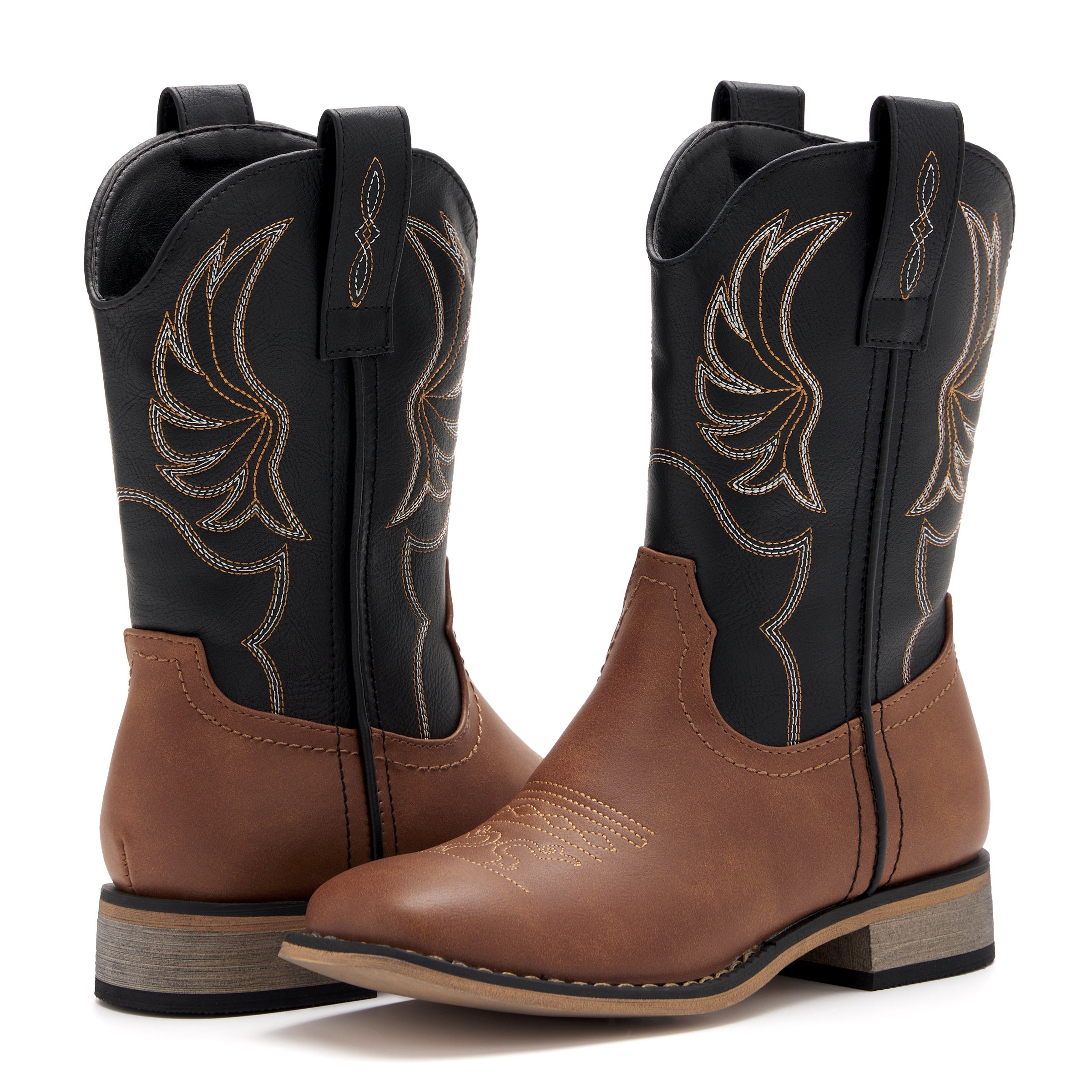 Kids' Brown & Black Western Embroidered Cowboy Boots
