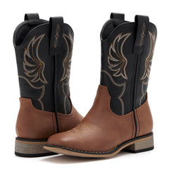 Kids' Brown & Black Western Embroidered Cowboy Boots