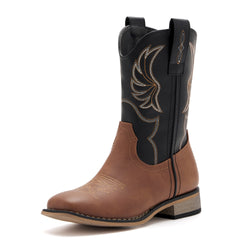 Kids' Brown & Black Western Embroidered Cowboy Boots