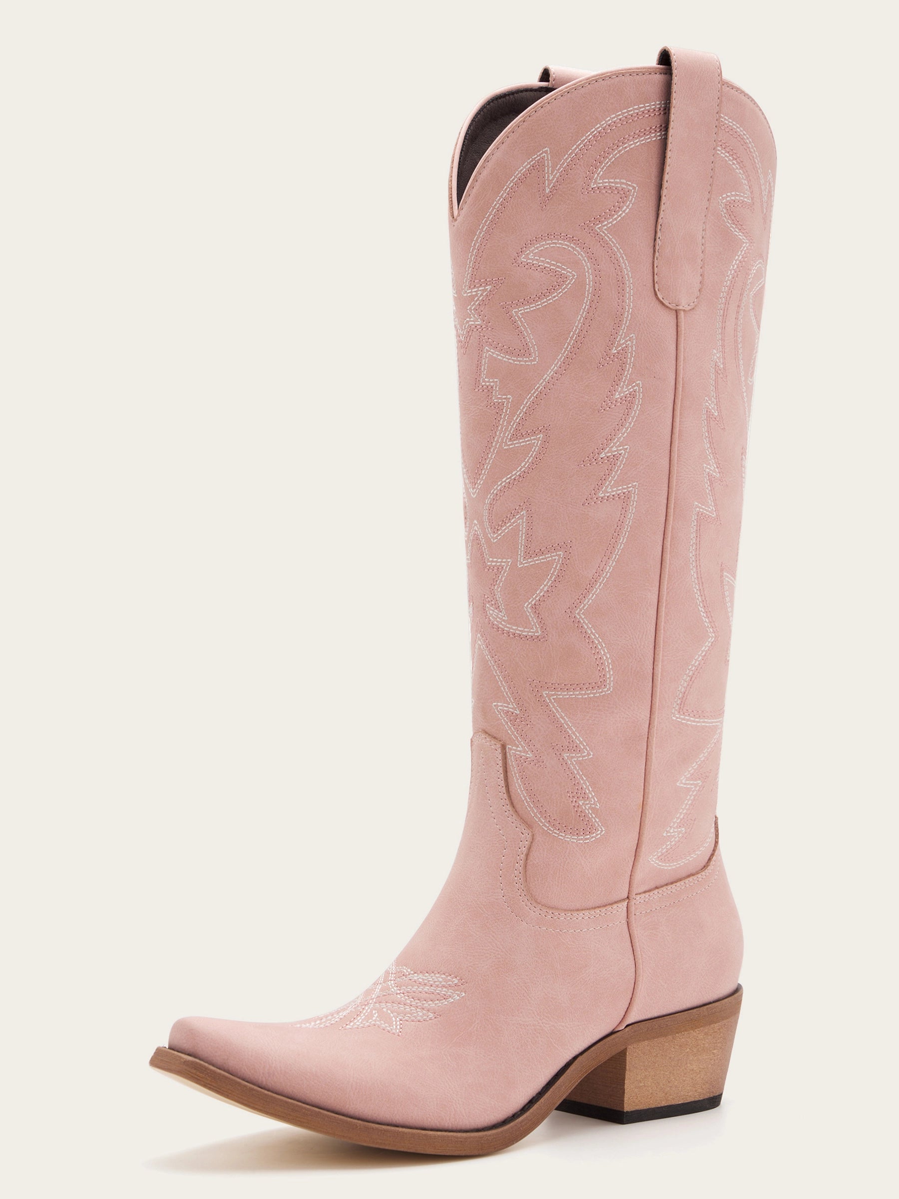 The Aspen: Knee-High Western Boots in Blush Pink with White Stitching