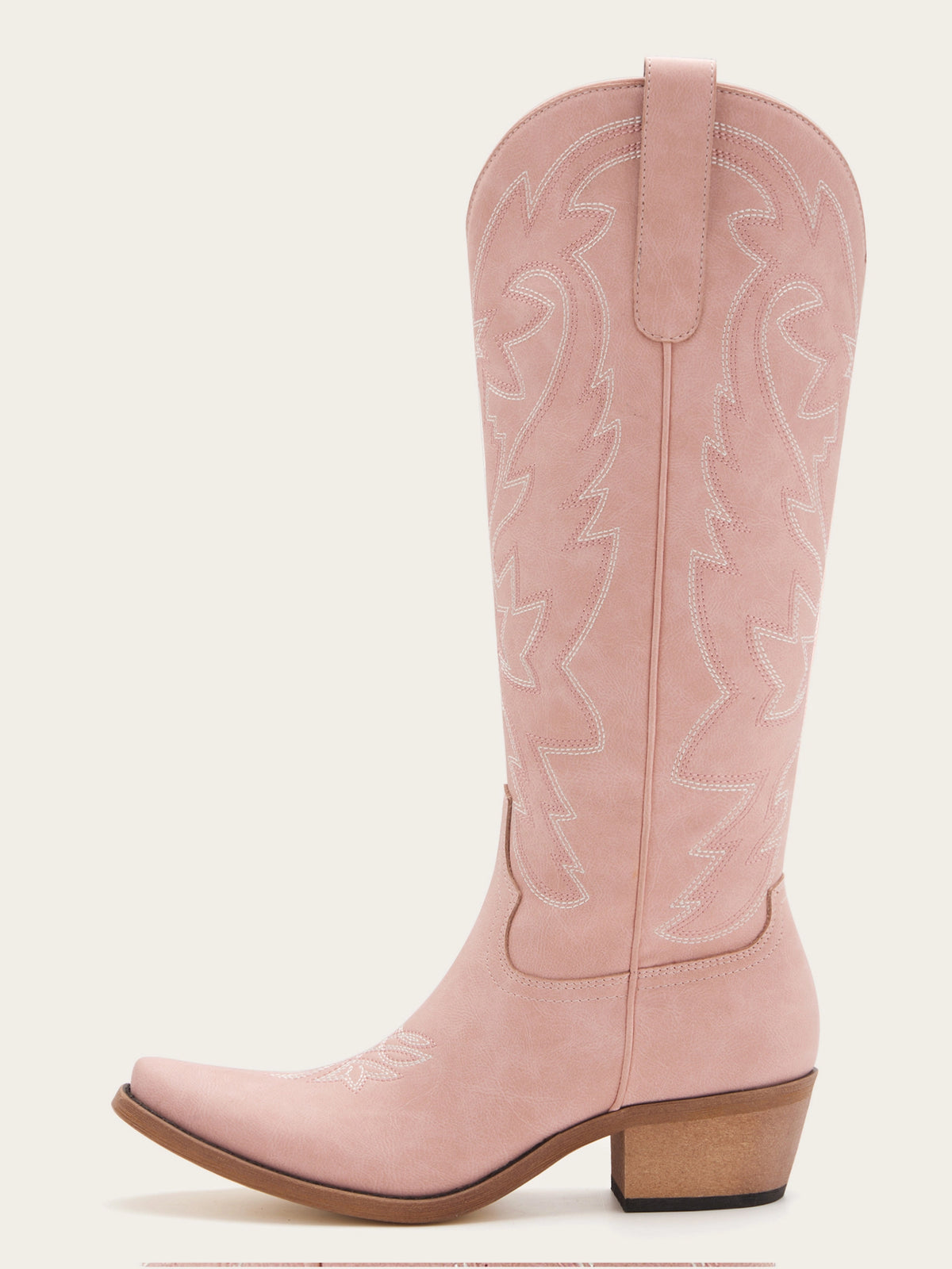 The Aspen: Knee-High Western Boots in Blush Pink with White Stitching