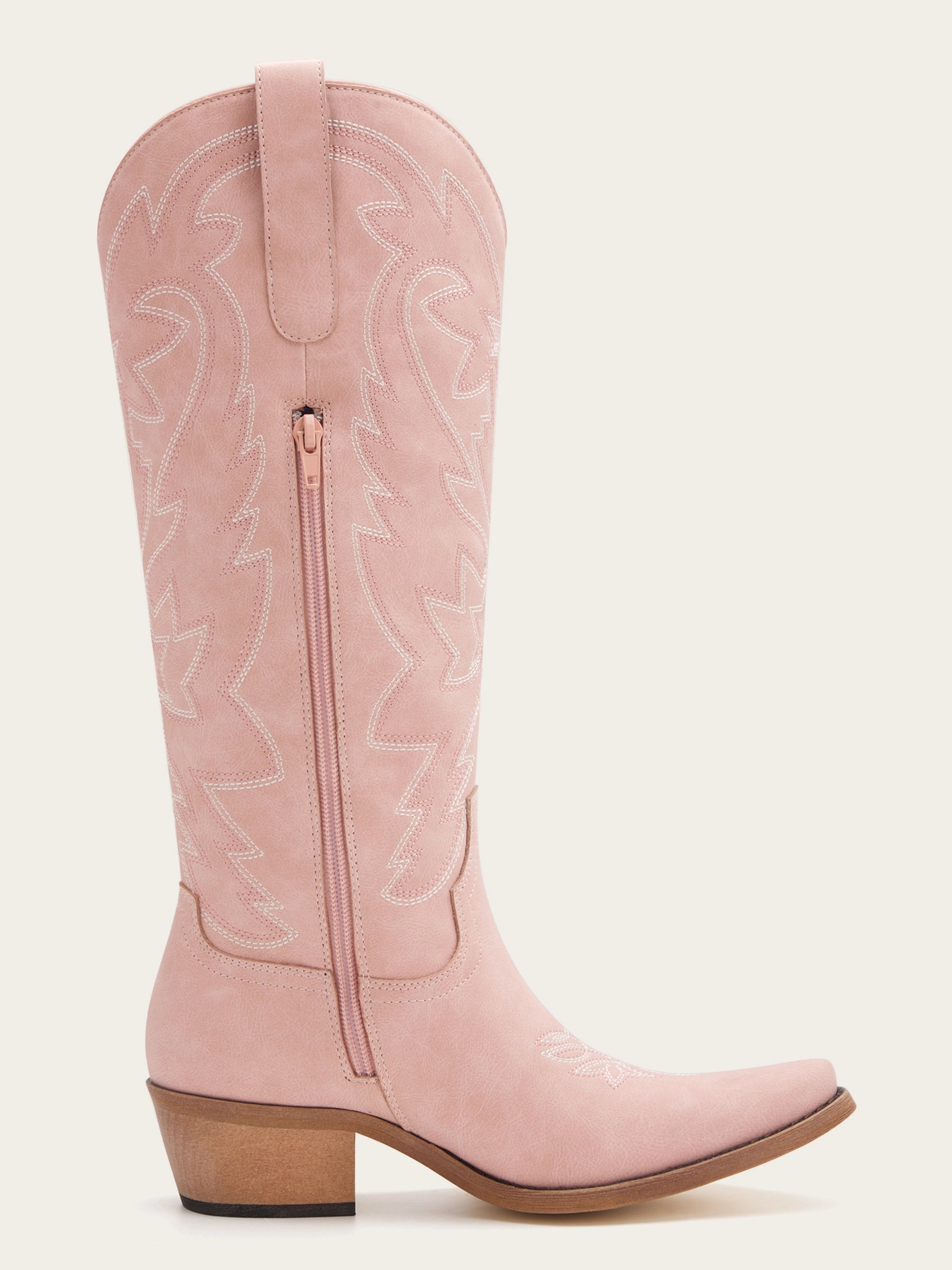 The Aspen: Knee-High Western Boots in Blush Pink with White Stitching