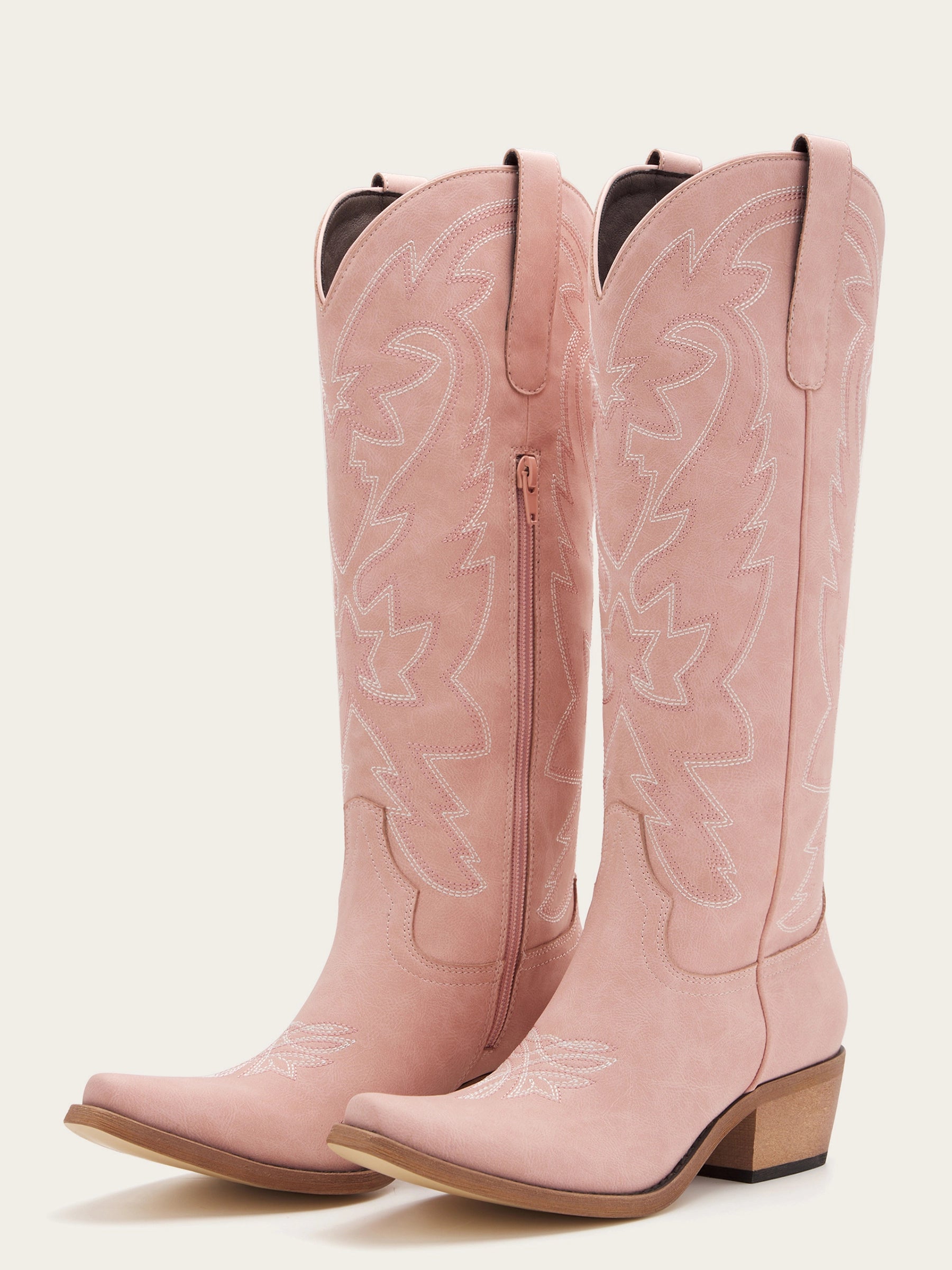The Aspen: Knee-High Western Boots in Blush Pink with White Stitching