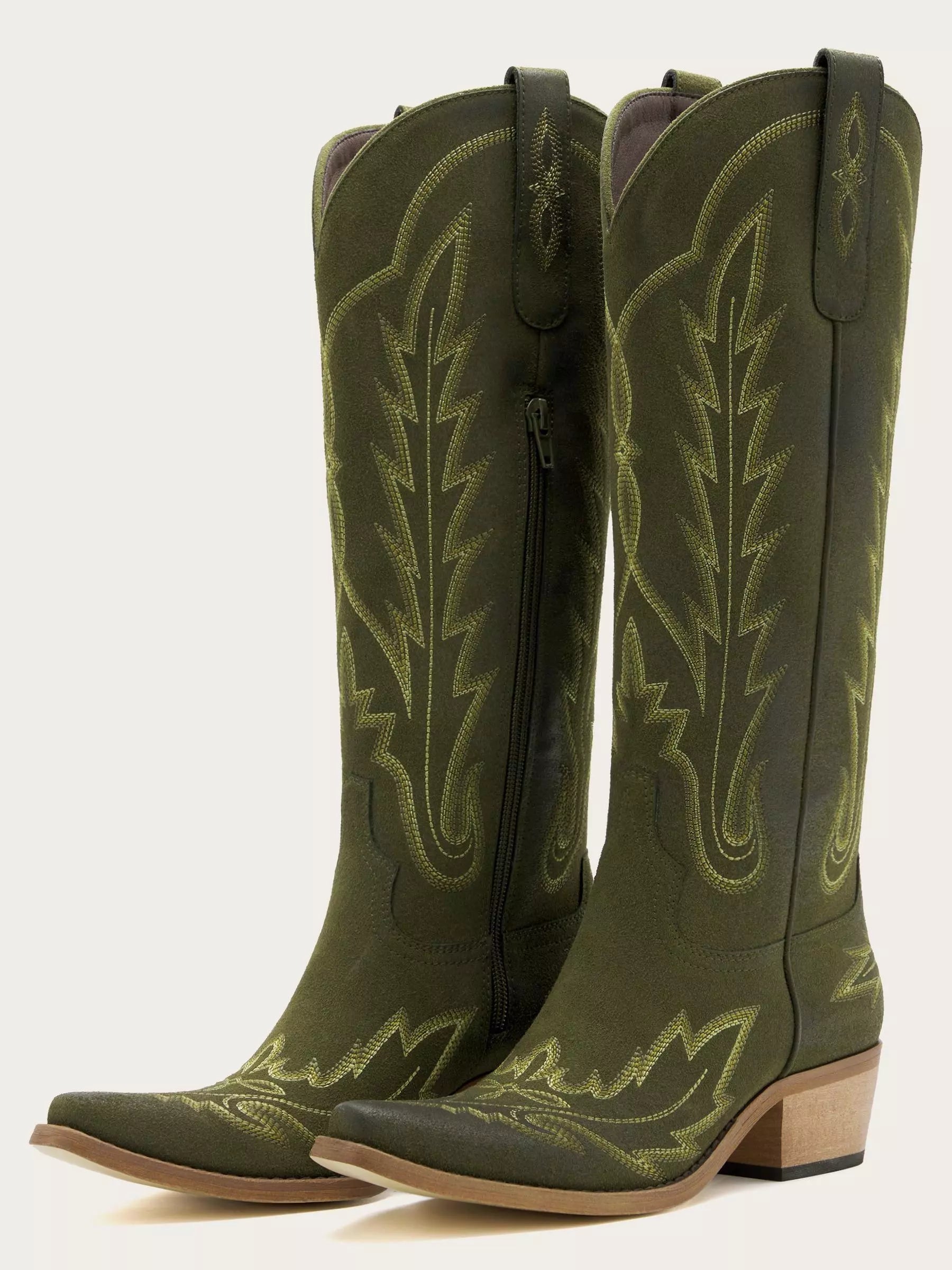 The Electra: Olive Green Suede Embroidered Western Boots