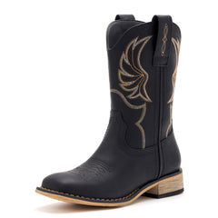 Kids' All Black Western Embroidered Cowboy Boots (Golden Stitch)